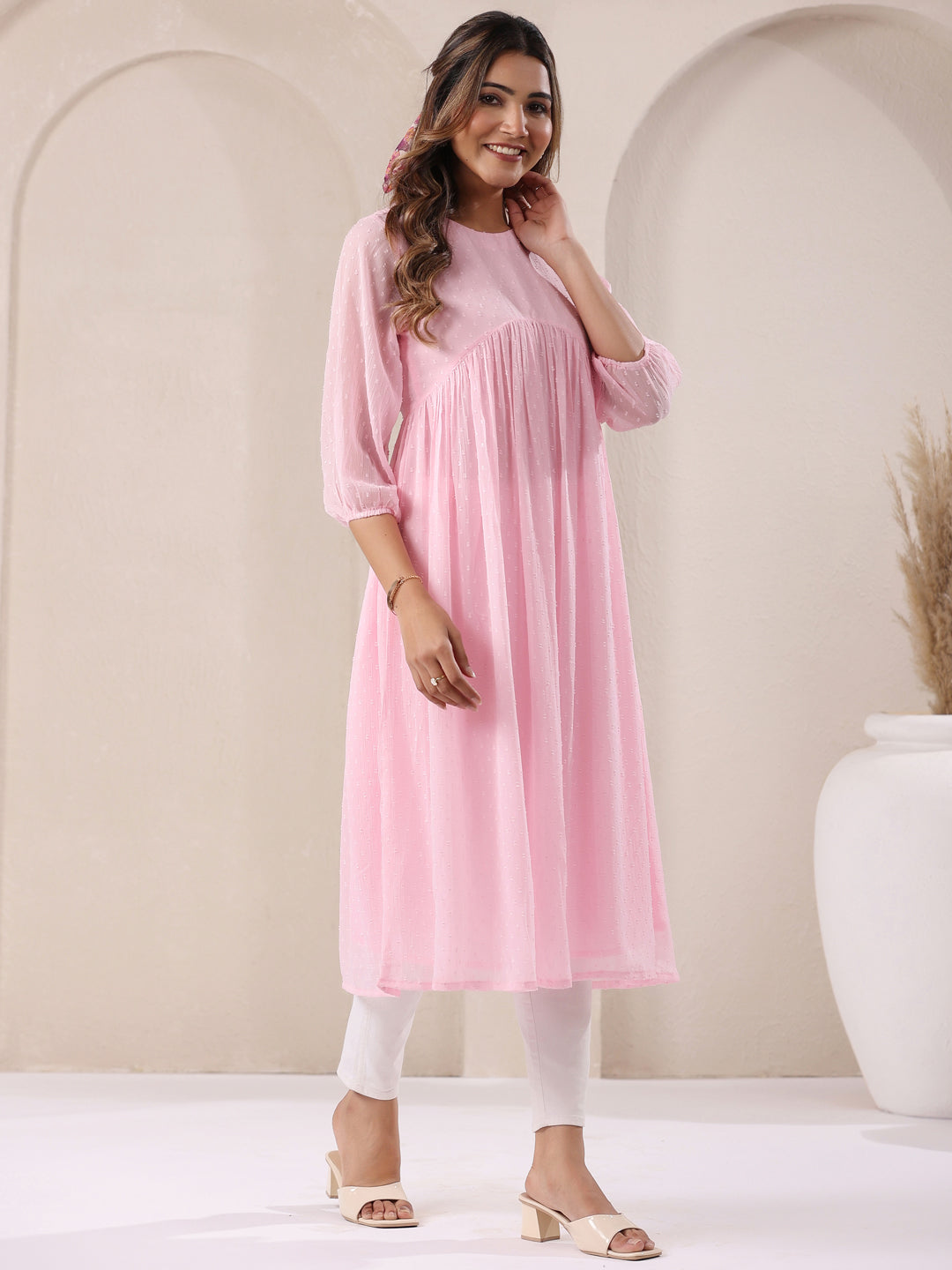 Baby Pink Dobby Chiffon Self Design A-Line Kurta