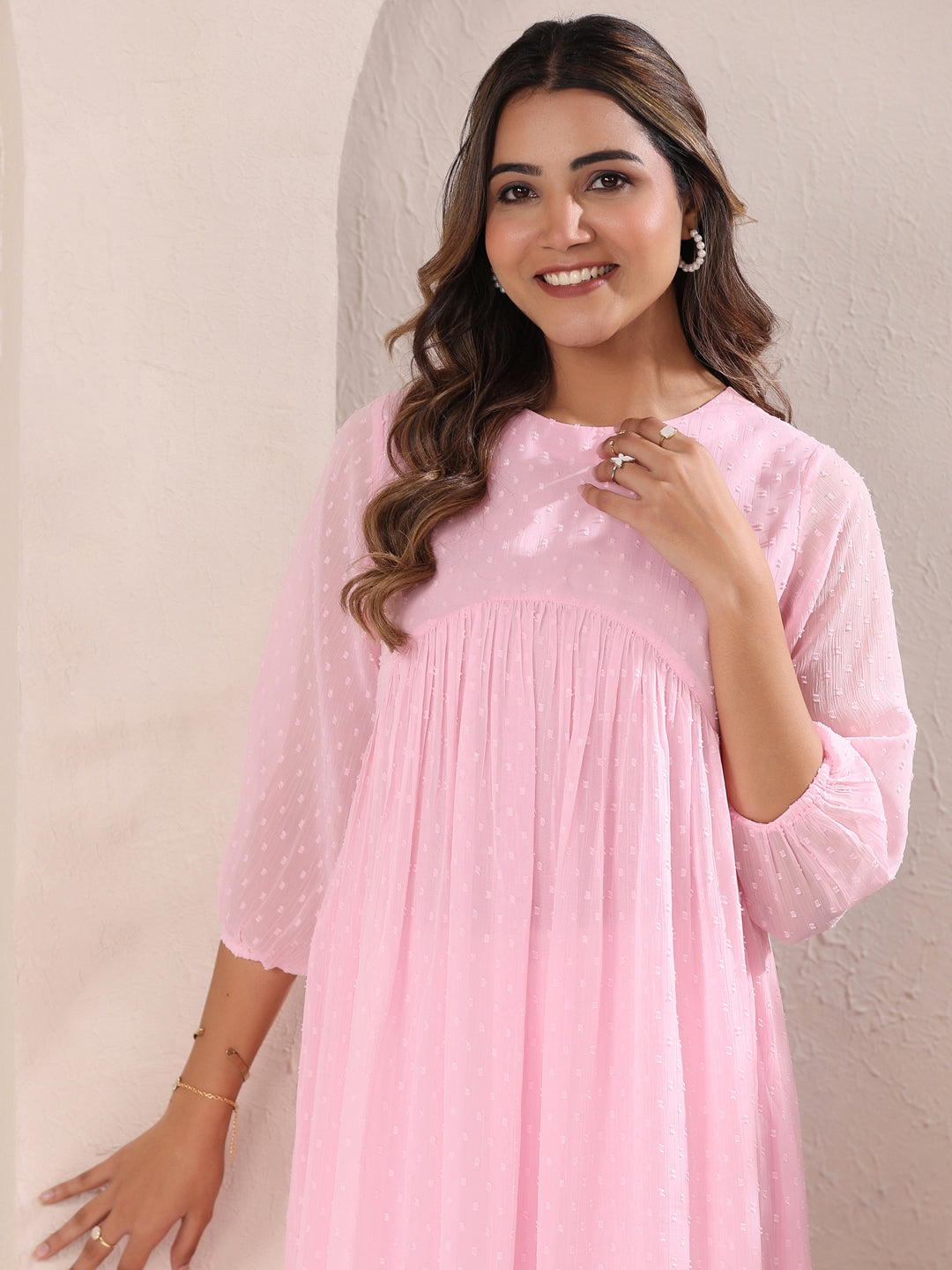 Baby Pink Dobby Chiffon Self Design A-Line Kurta