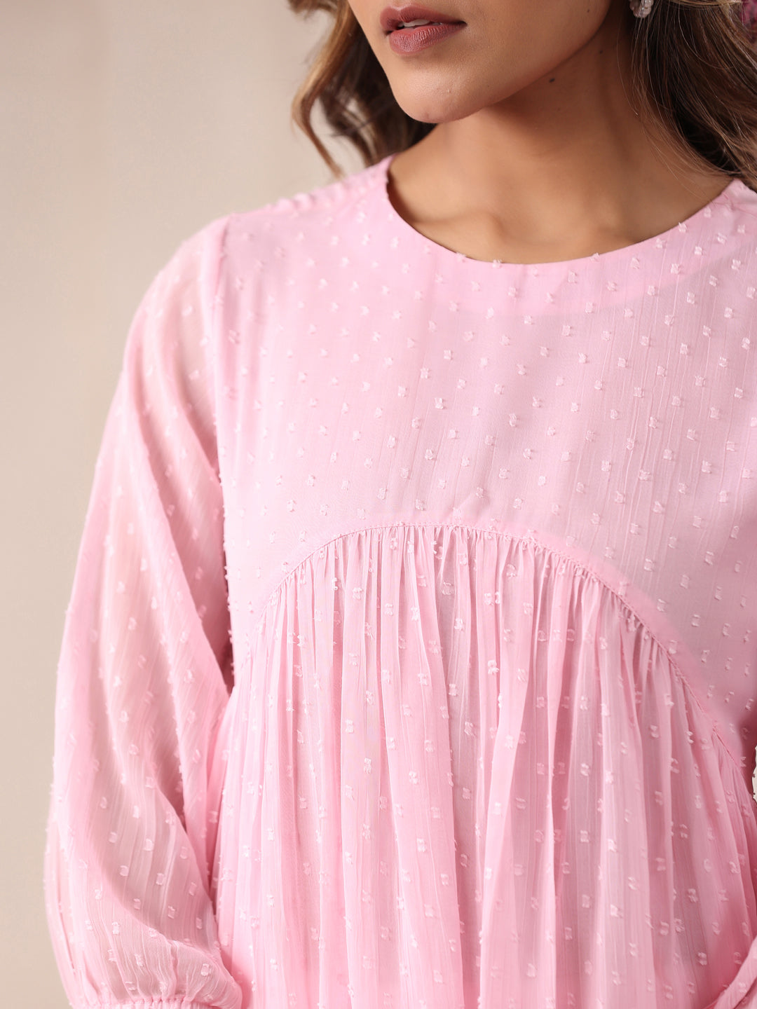 Baby Pink Dobby Chiffon Self Design A-Line Kurta