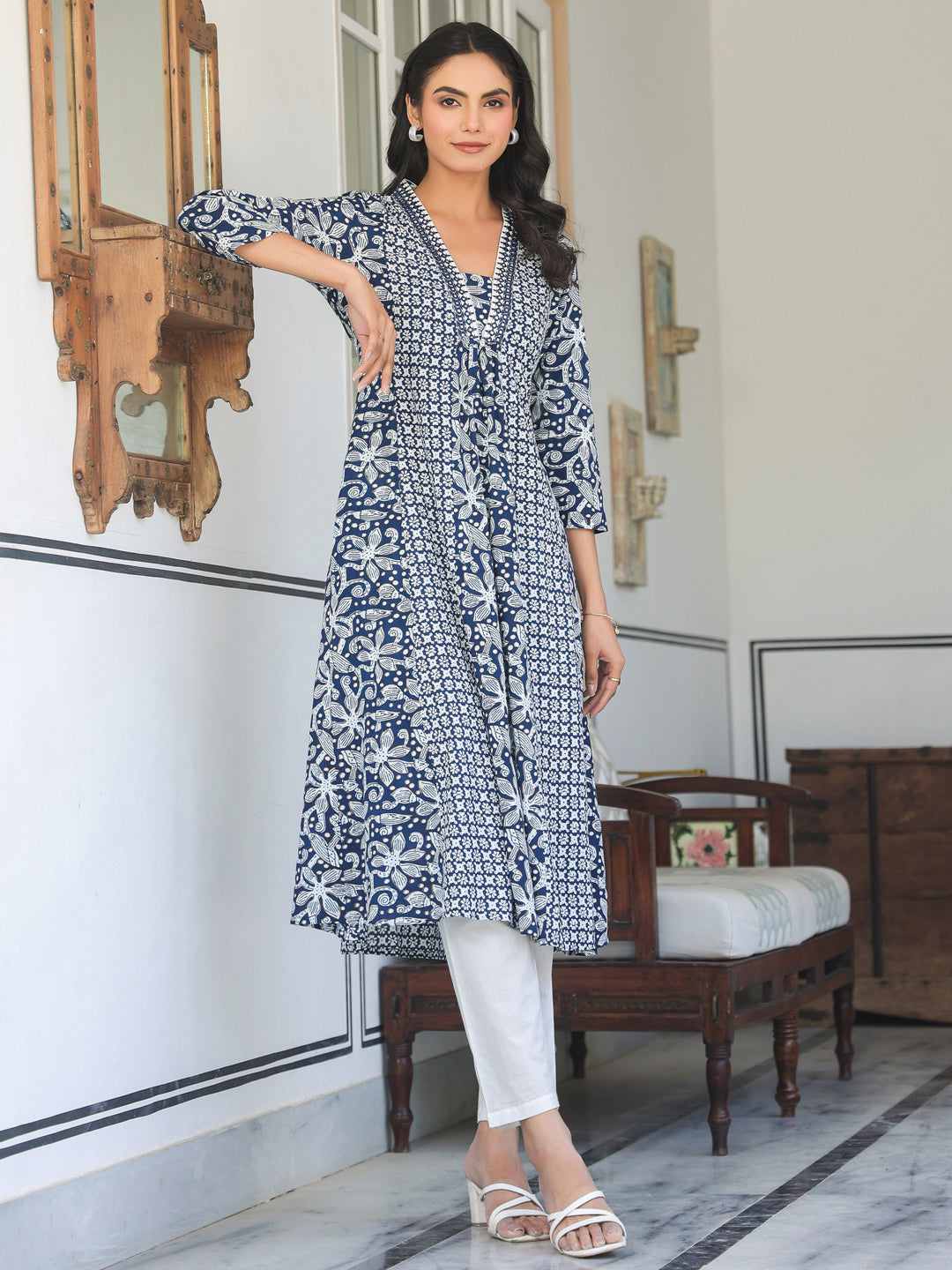 Navy Blue Pure Cotton Yoke Embroidery Floral A-line Kurta