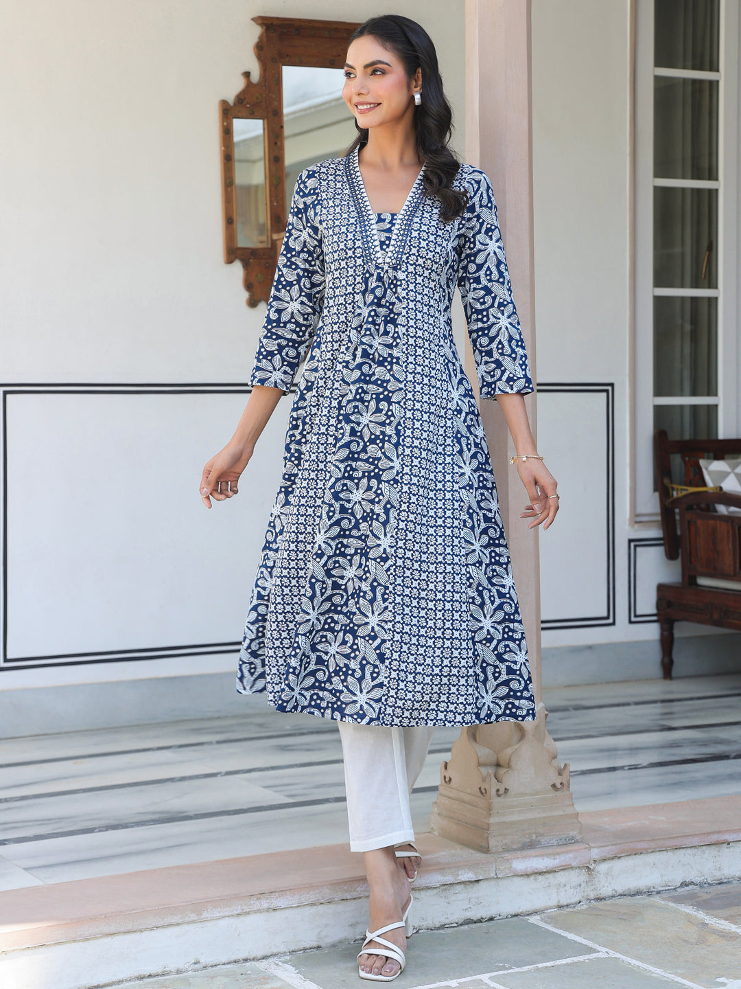 Navy Blue Pure Cotton Yoke Embroidery Floral A-line Kurta