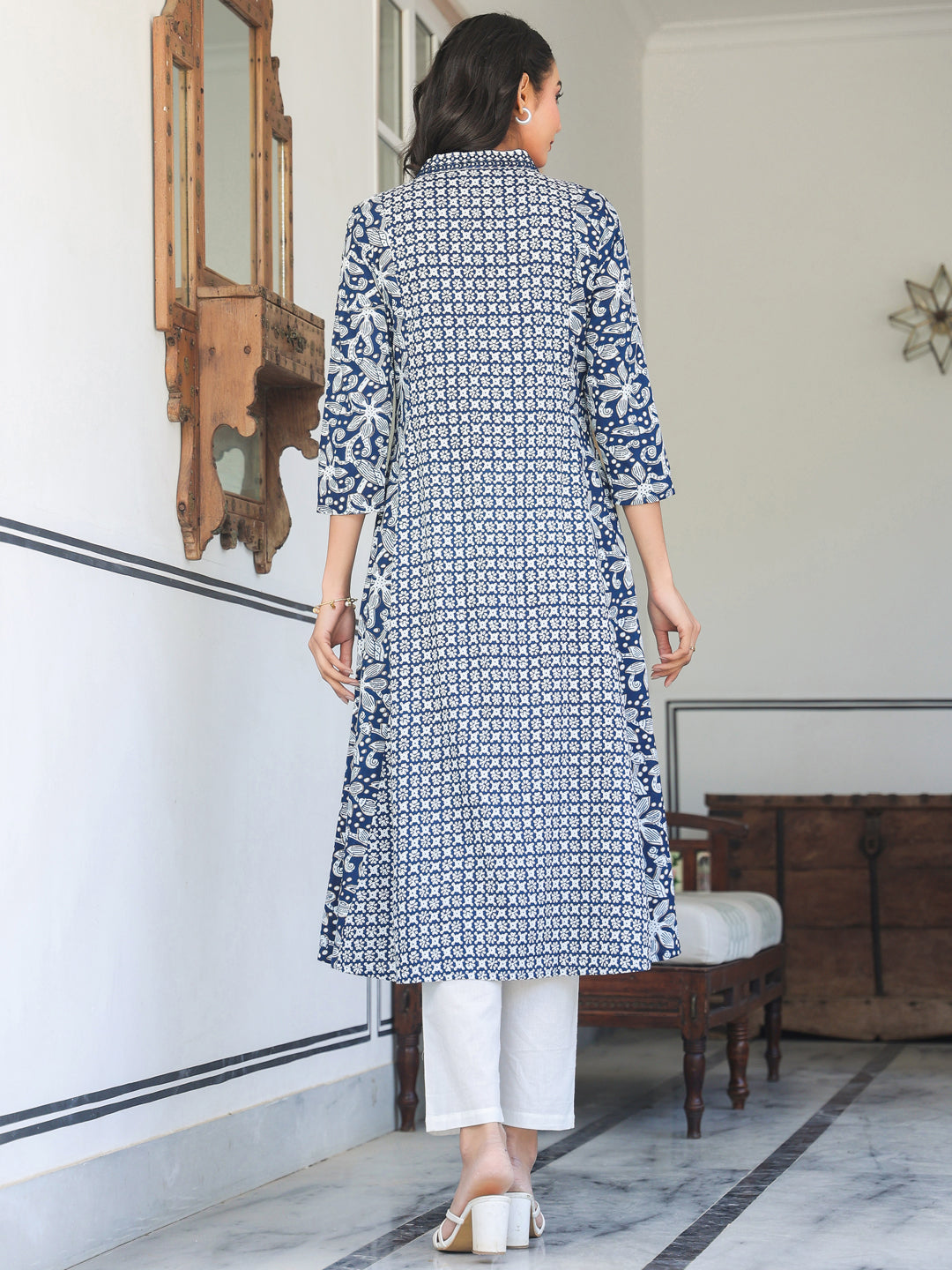 Navy Blue Pure Cotton Yoke Embroidery Floral A-line Kurta