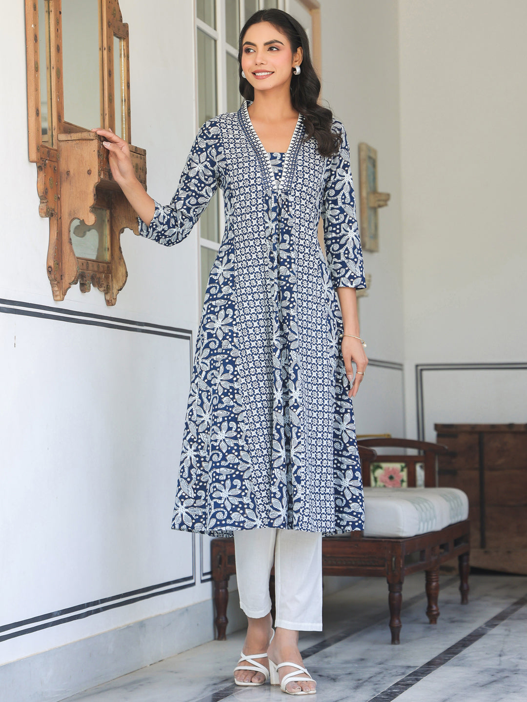 Navy Blue Pure Cotton Yoke Embroidery Floral A-line Kurta