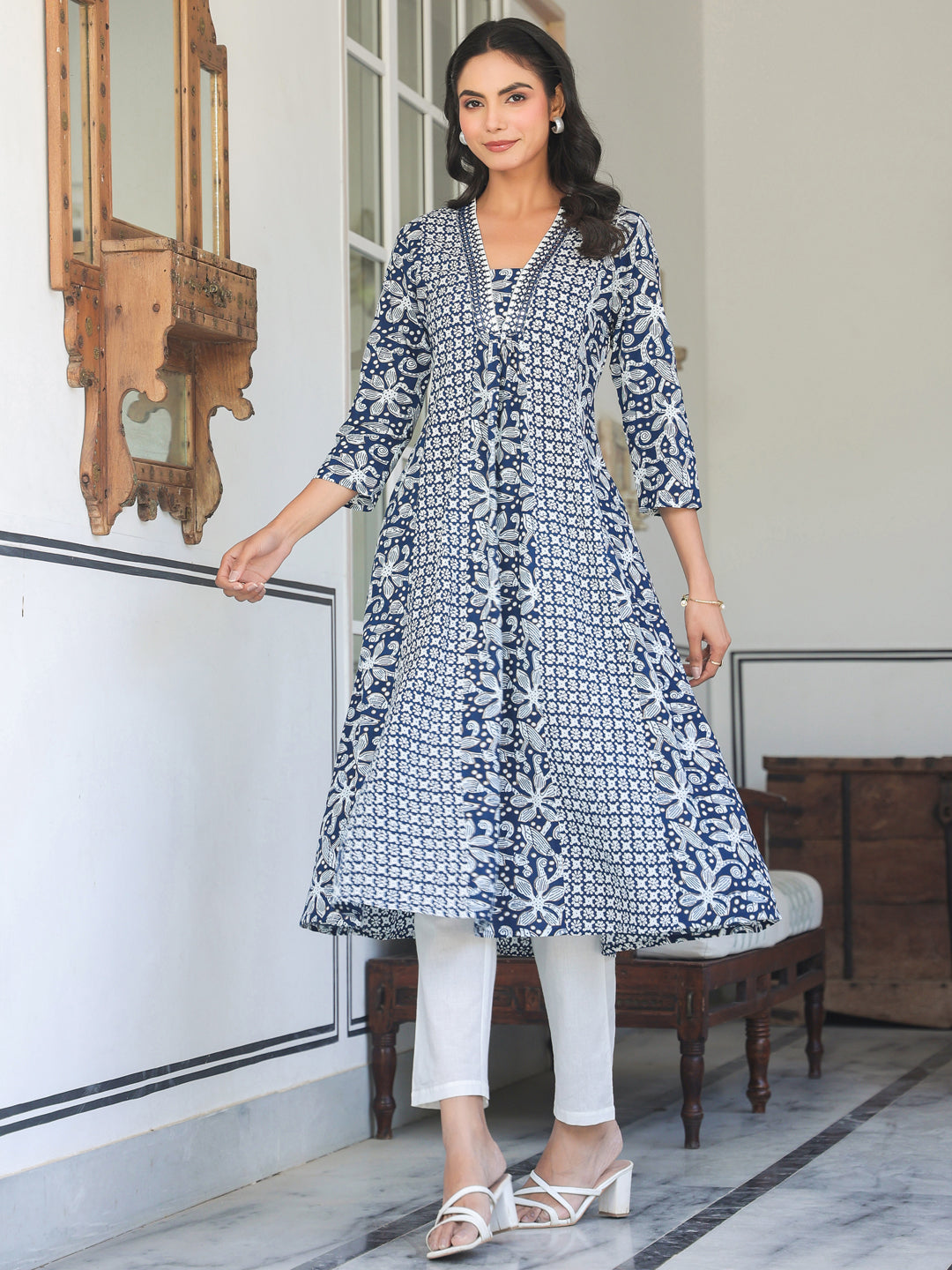 Navy Blue Pure Cotton Yoke Embroidery Floral A-line Kurta