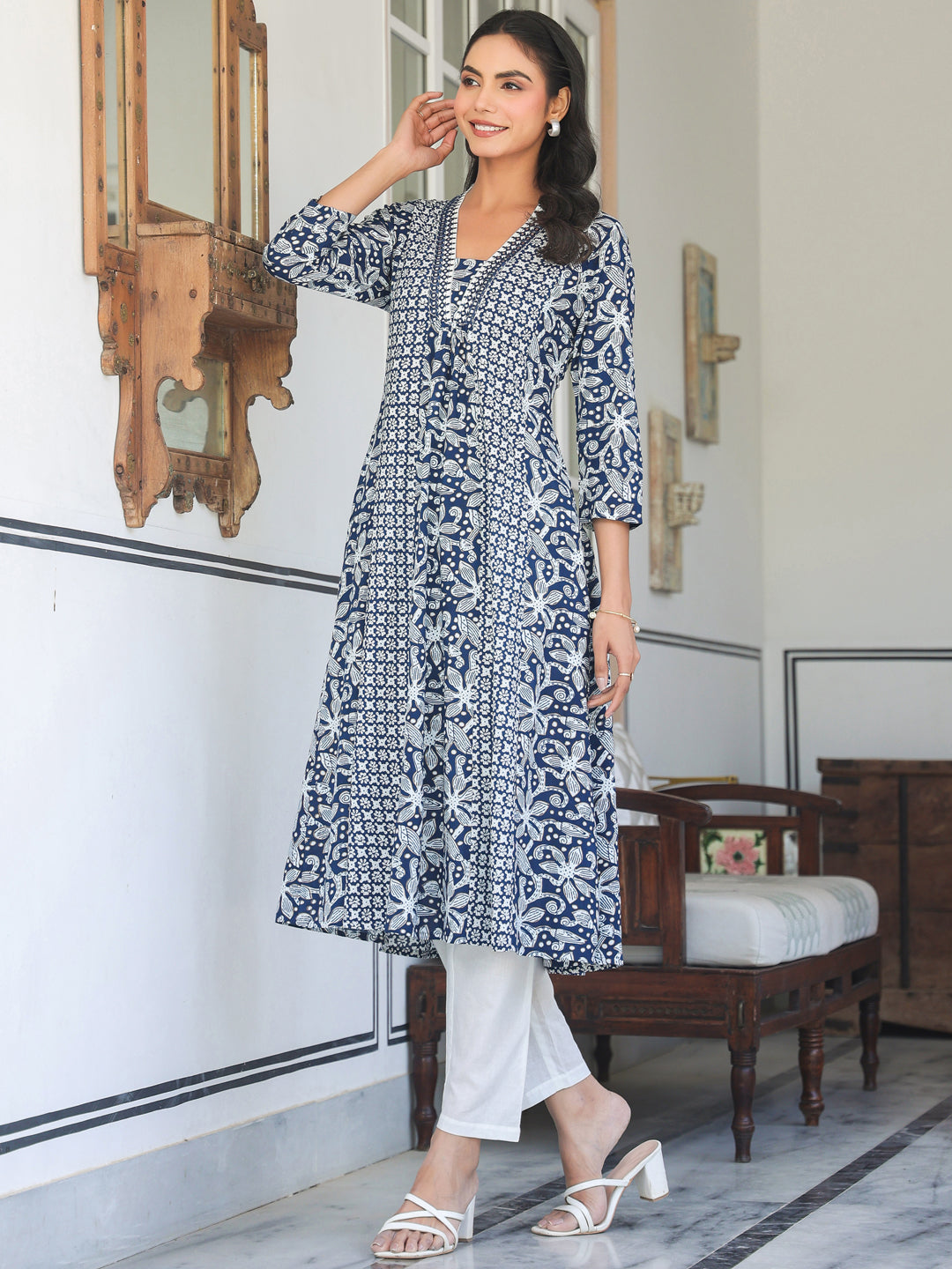 Navy Blue Pure Cotton Yoke Embroidery Floral A-line Kurta