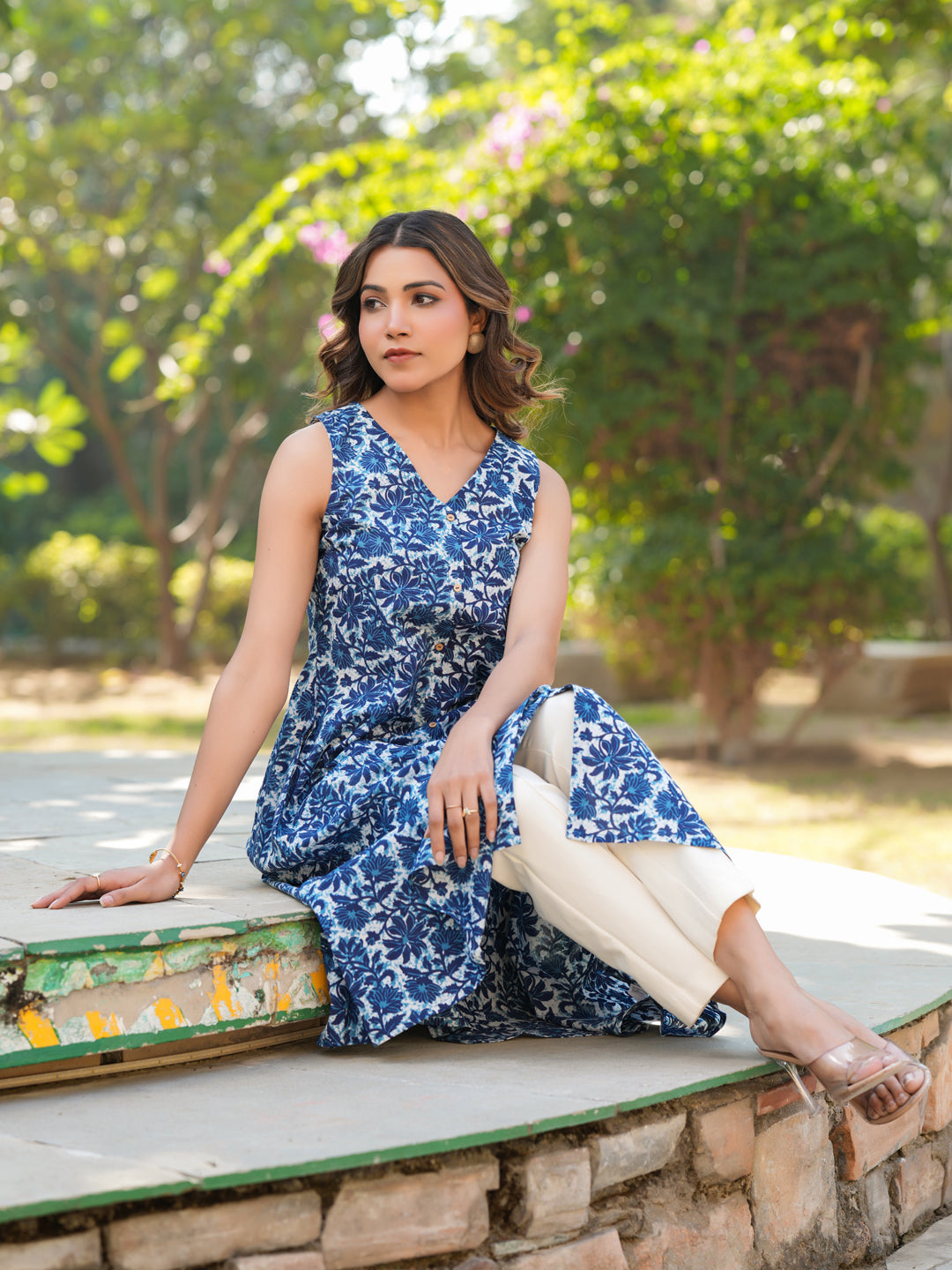 Blue Pure Cotton Floral Printed A-line Kurta