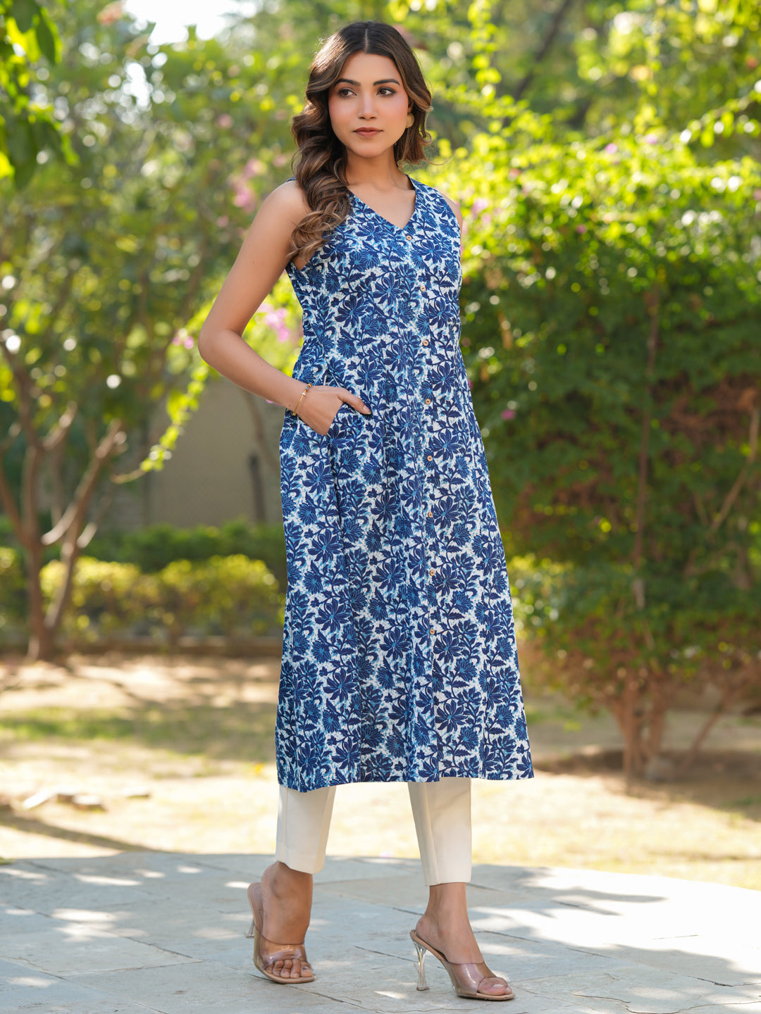 Blue Pure Cotton Floral Printed A-line Kurta