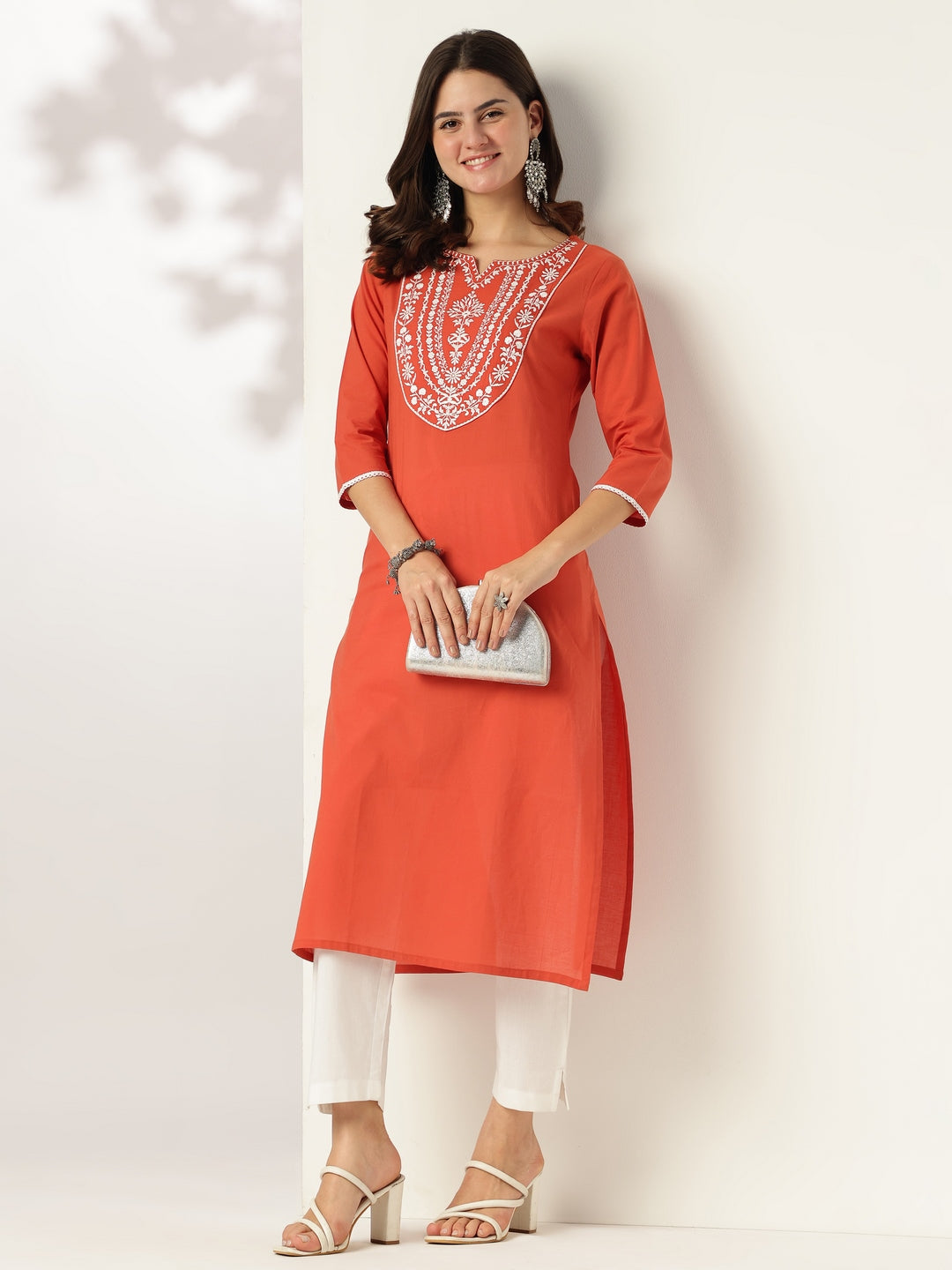 Janasya Women's Rust Pure Cotton Yoke Embroidered Straight Kurta
