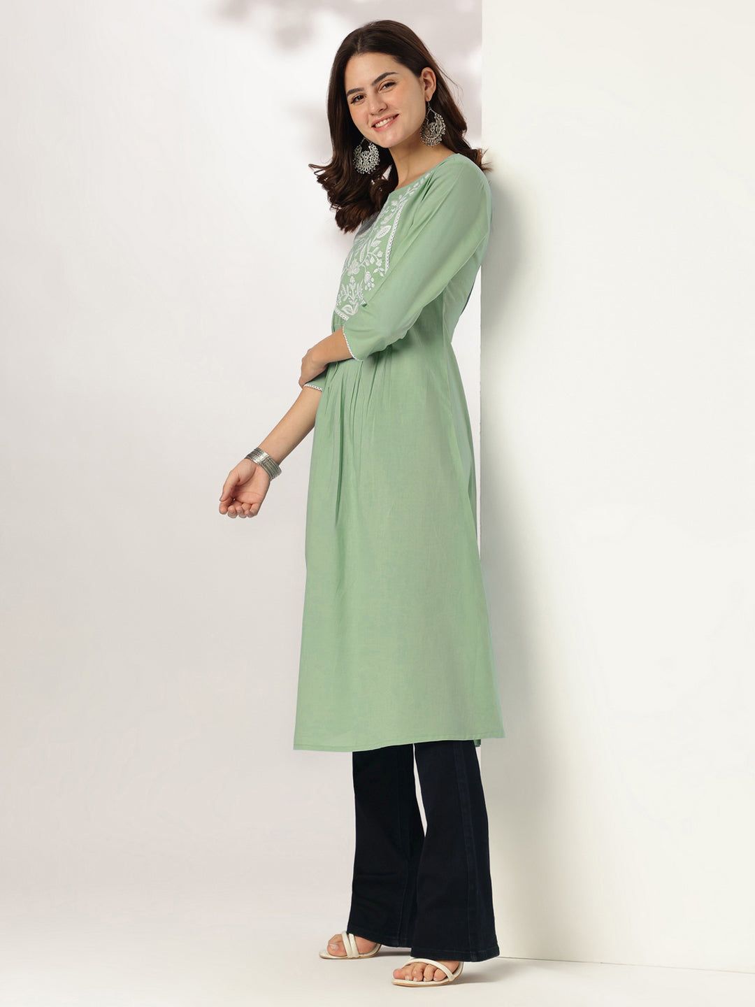 Janasya Women's Light Green Pure Cotton Yoke Embroidery A-line Kurta