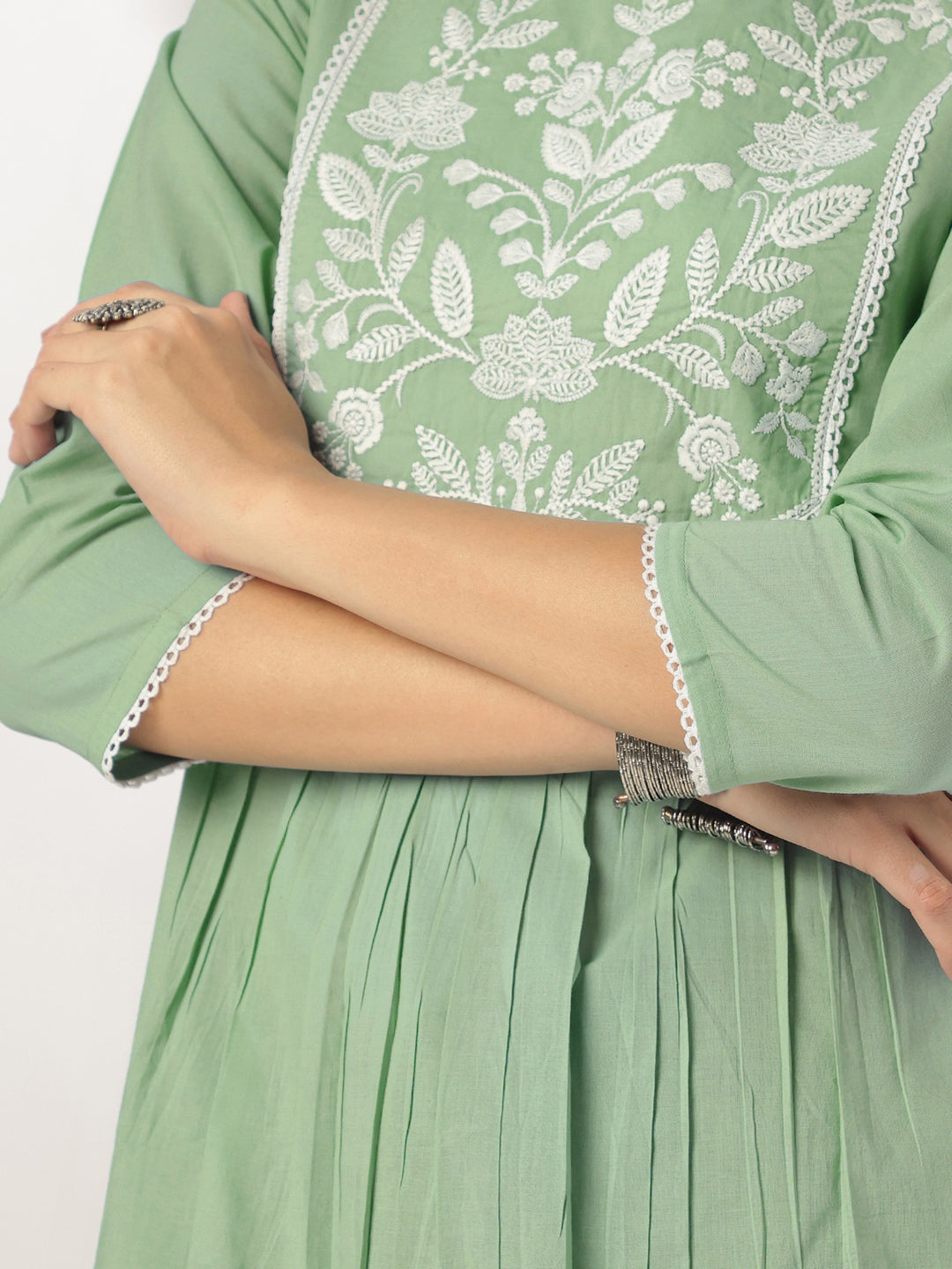 Janasya Women's Light Green Pure Cotton Yoke Embroidery A-line Kurta