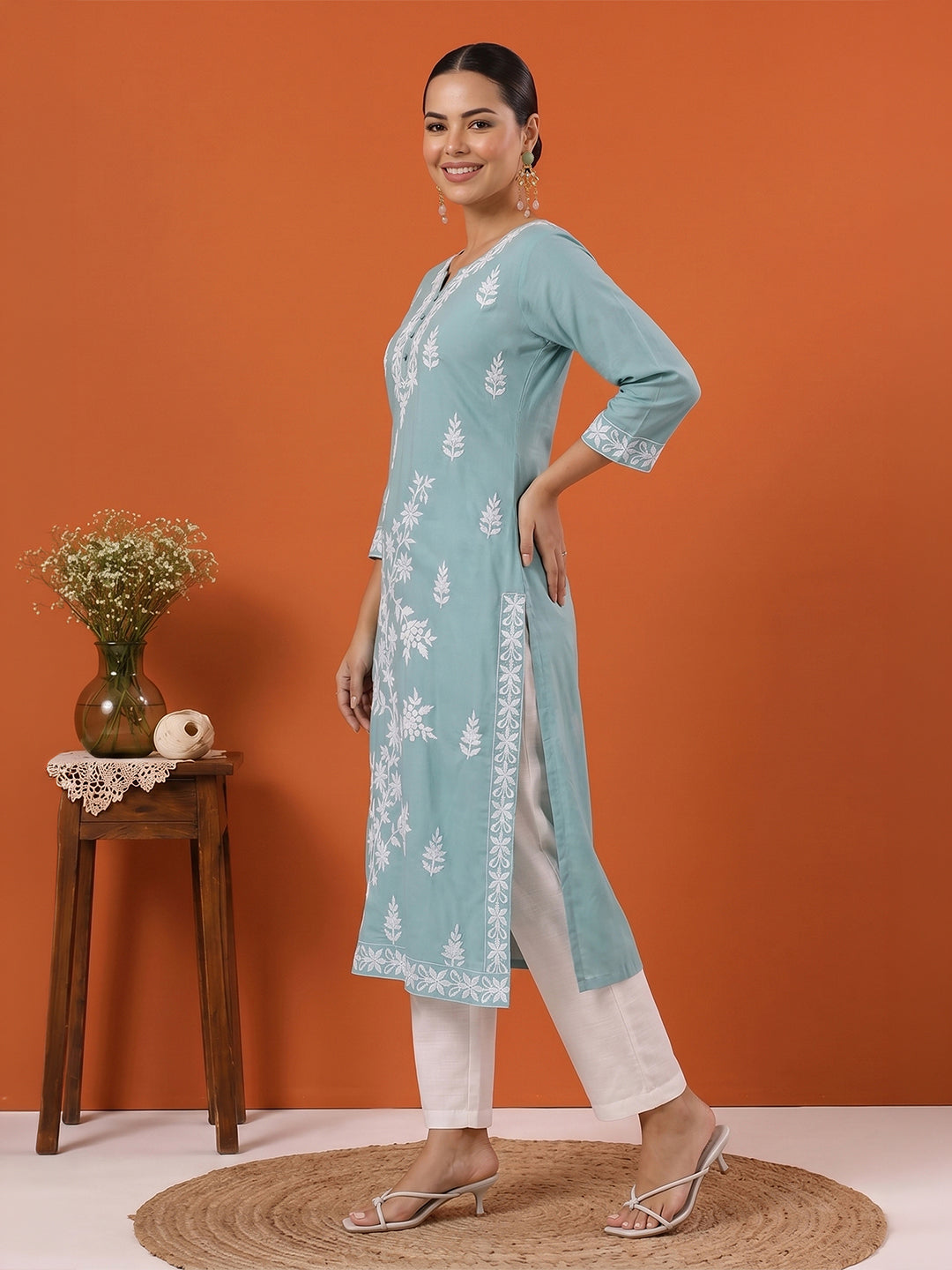 Janasya Women's Light Blue Pure Cotton Embroidered Straight Kurta
