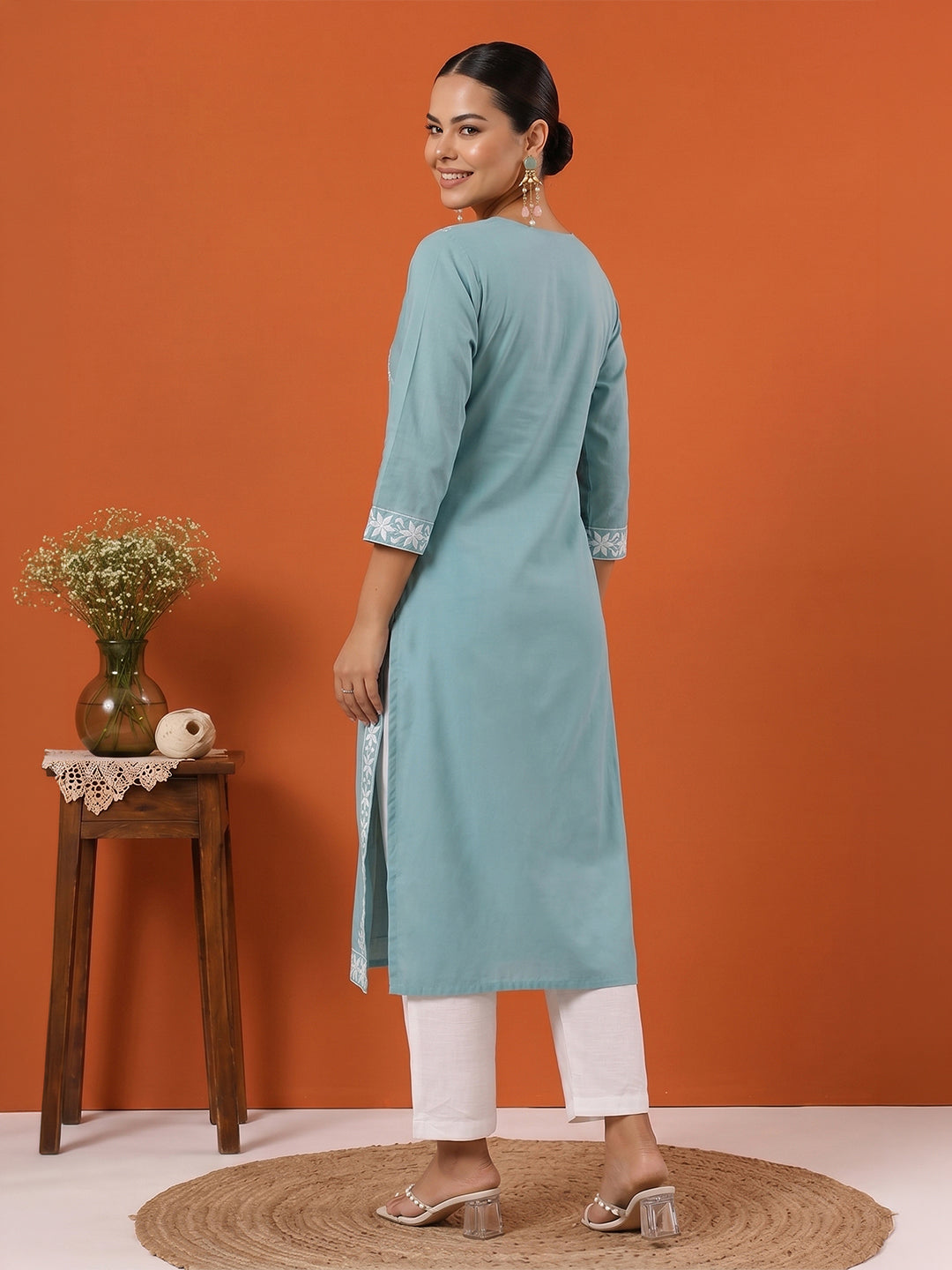 Janasya Women's Light Blue Pure Cotton Embroidered Straight Kurta