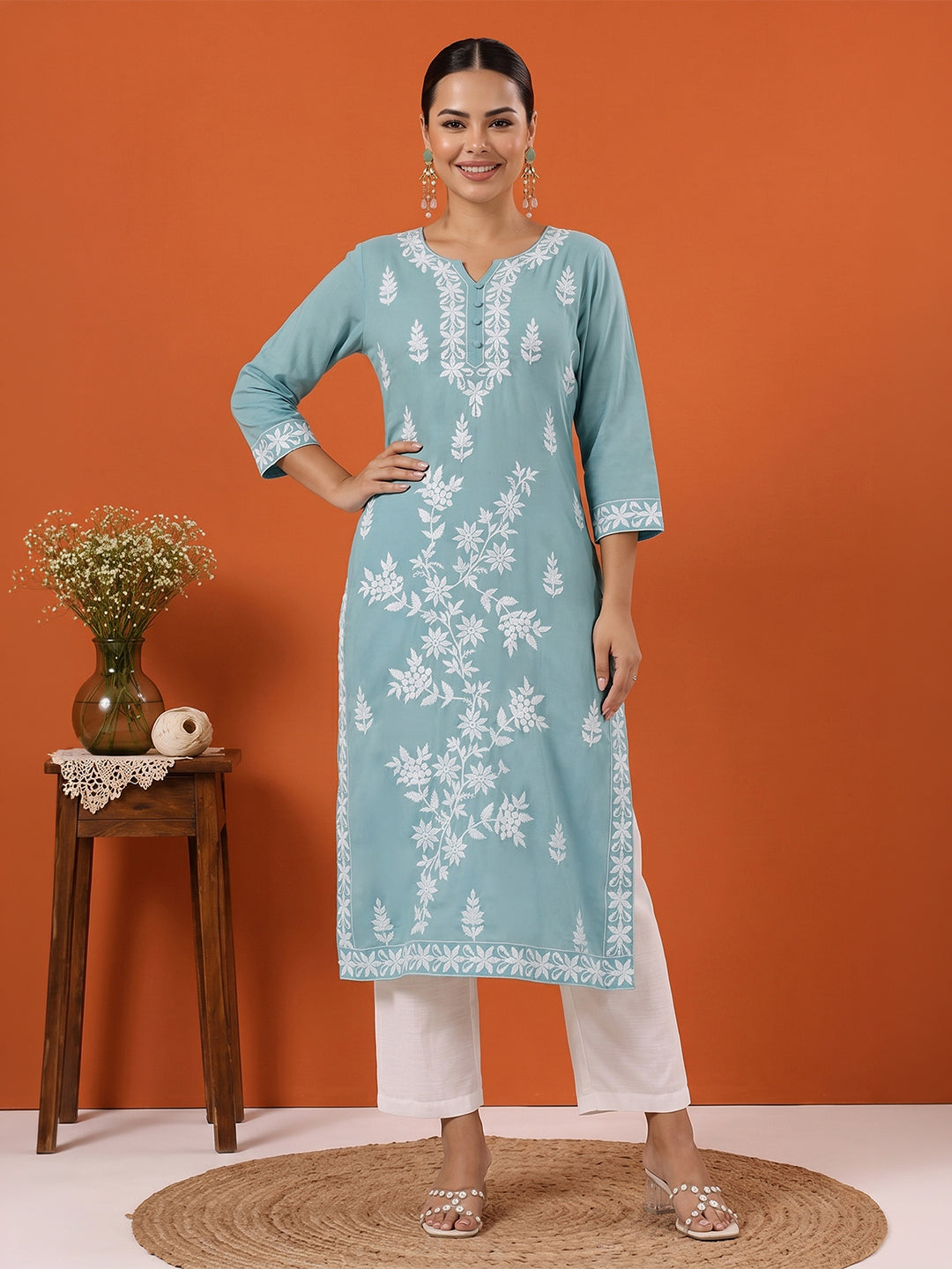Janasya Women's Light Blue Pure Cotton Embroidered Straight Kurta