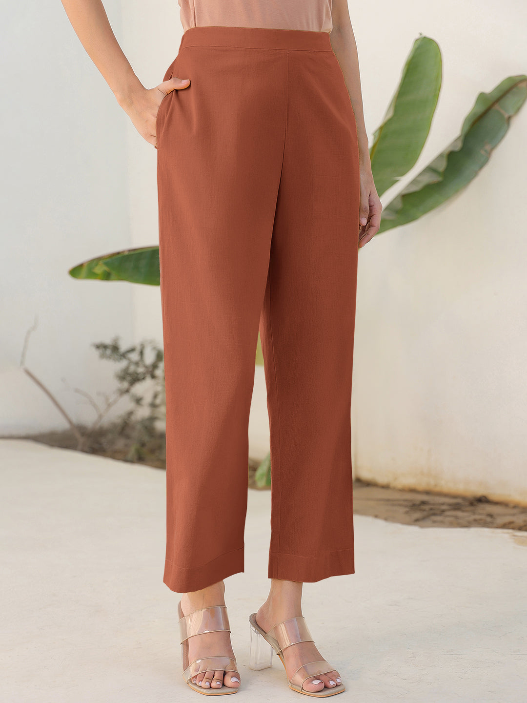 Rust Cotton Solid Straight Pant