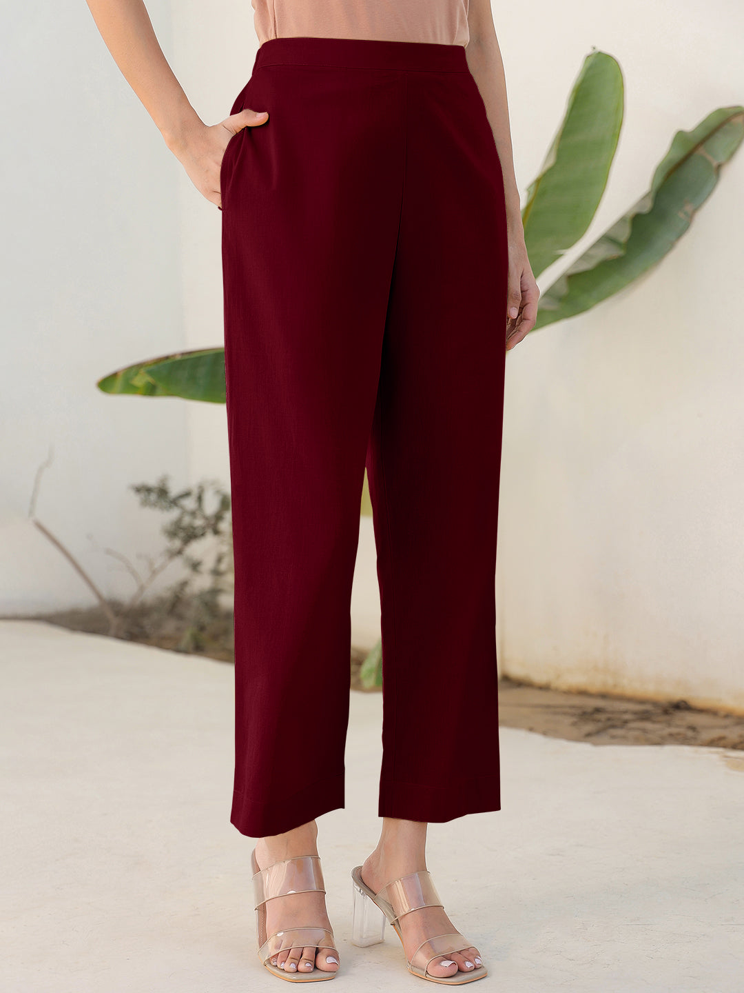 Maroon Cotton Solid Straight Pant