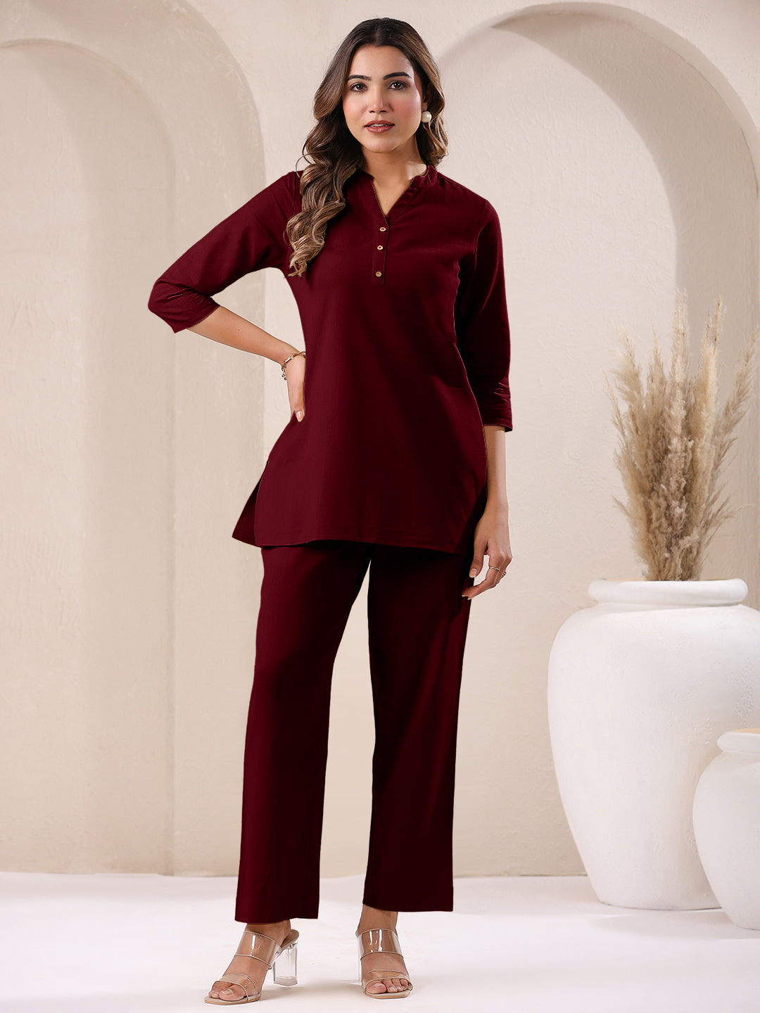 Maroon Cotton Solid Straight Pant