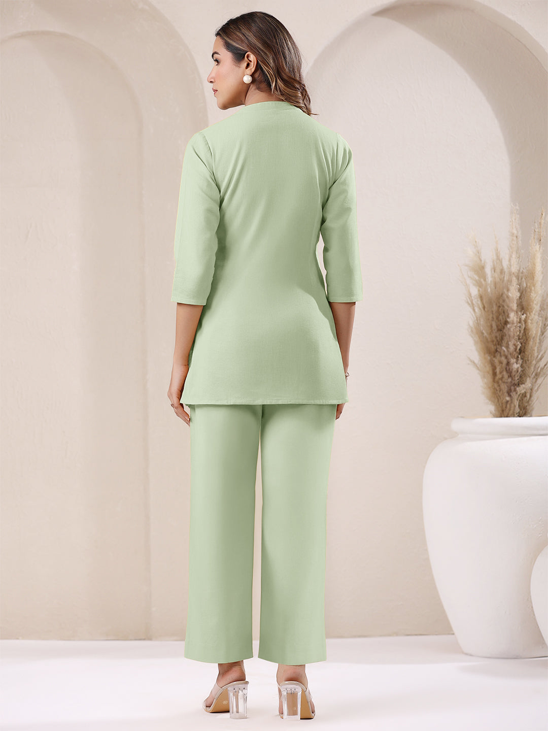 Mint Green Cotton Solid Straight Pant