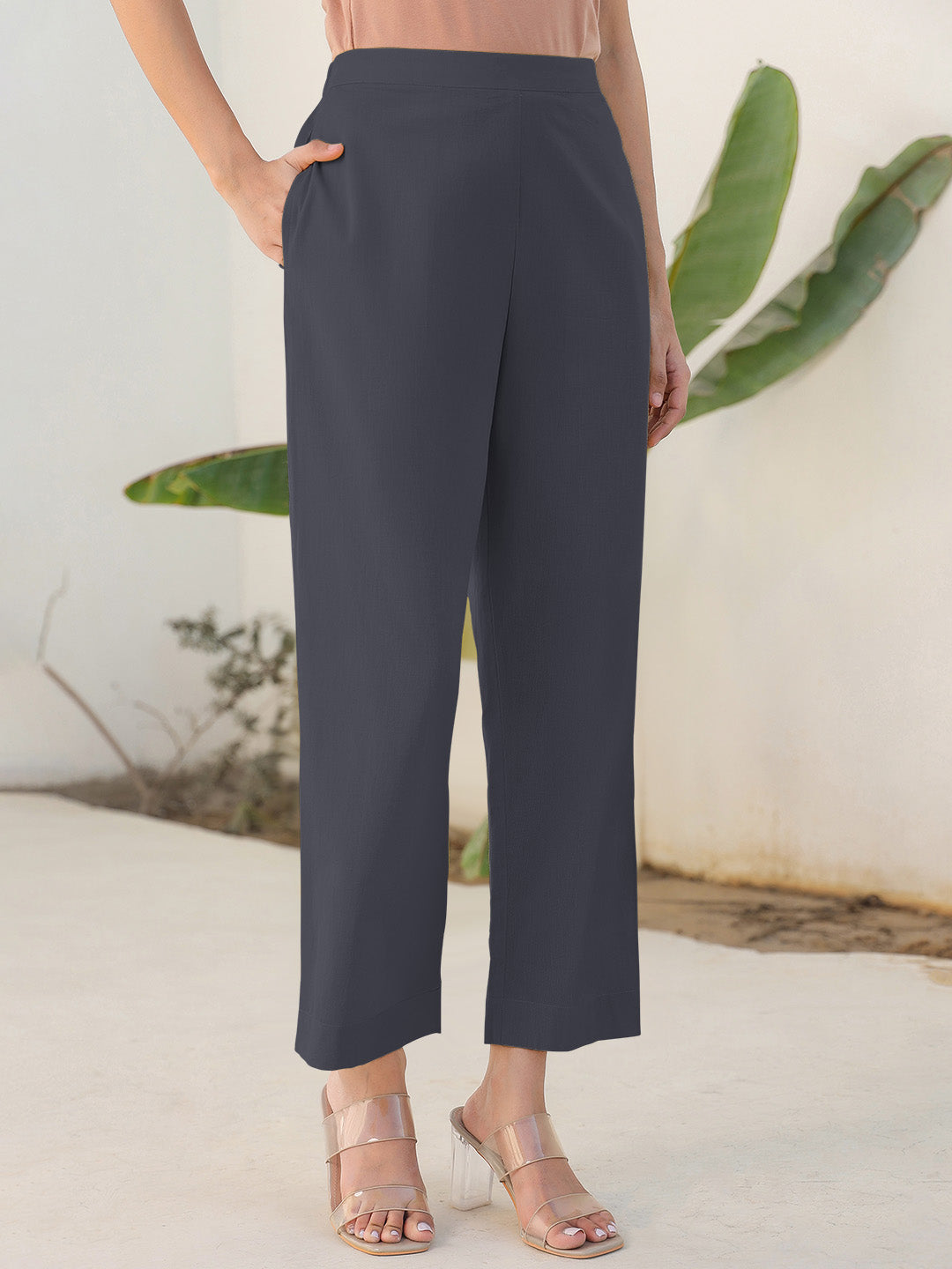 Grey Cotton Solid Straight Pant