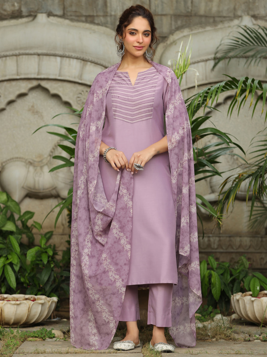 Lavender Silk Blend Yoke Embroidered Straight Kurta Set