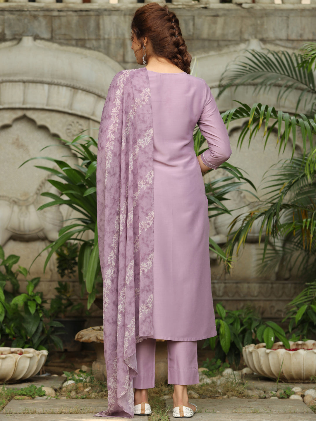 Lavender Silk Blend Yoke Embroidered Straight Kurta Set