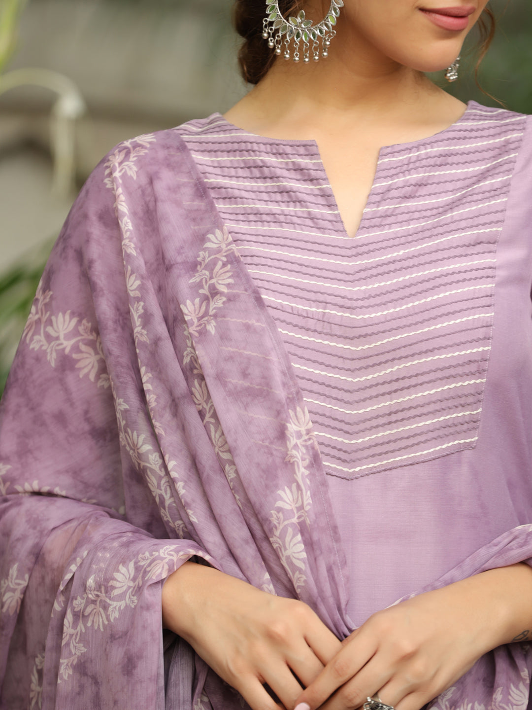 Lavender Silk Blend Yoke Embroidered Straight Kurta Set