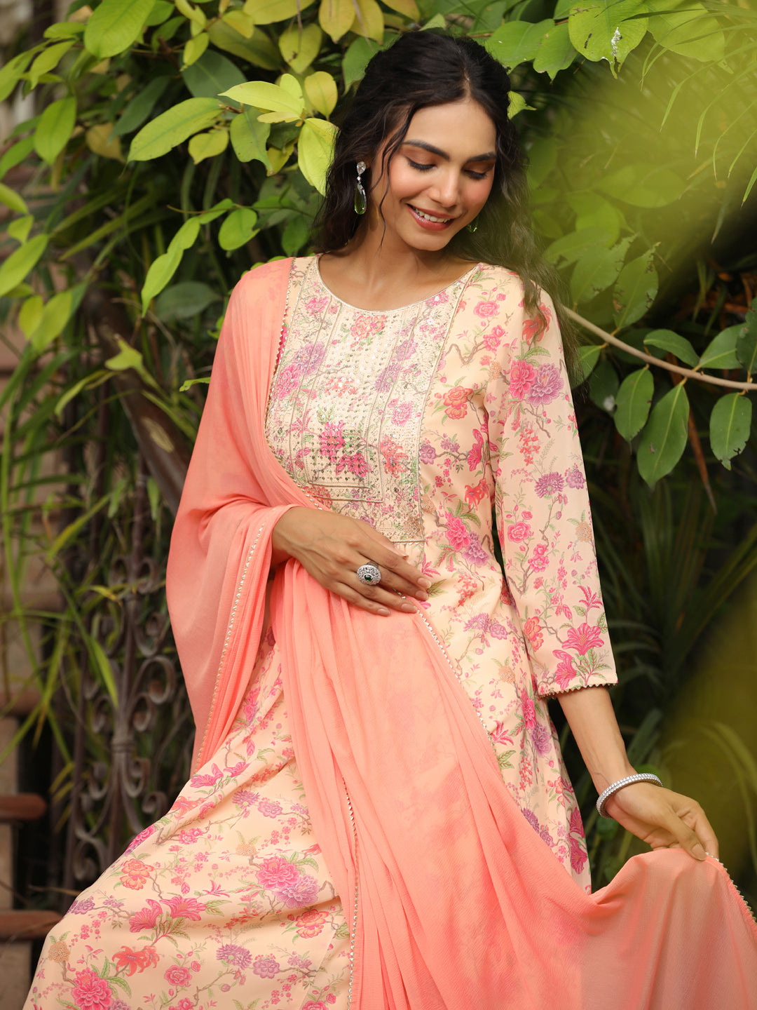 Peach Georgette Yoke Design Floral Printed A-Line Kurta Set