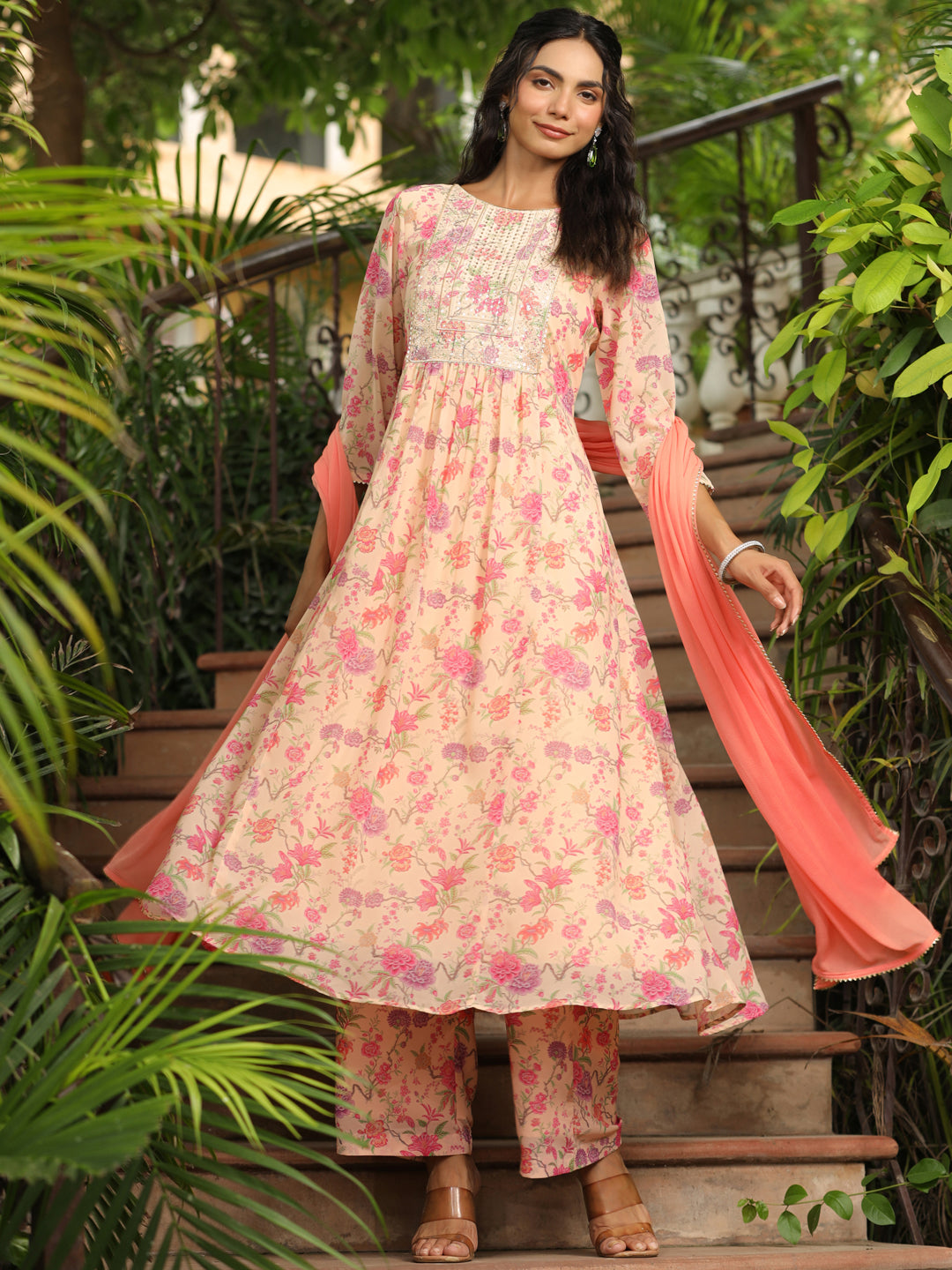 Peach Georgette Yoke Design Floral Printed A-Line Kurta Set