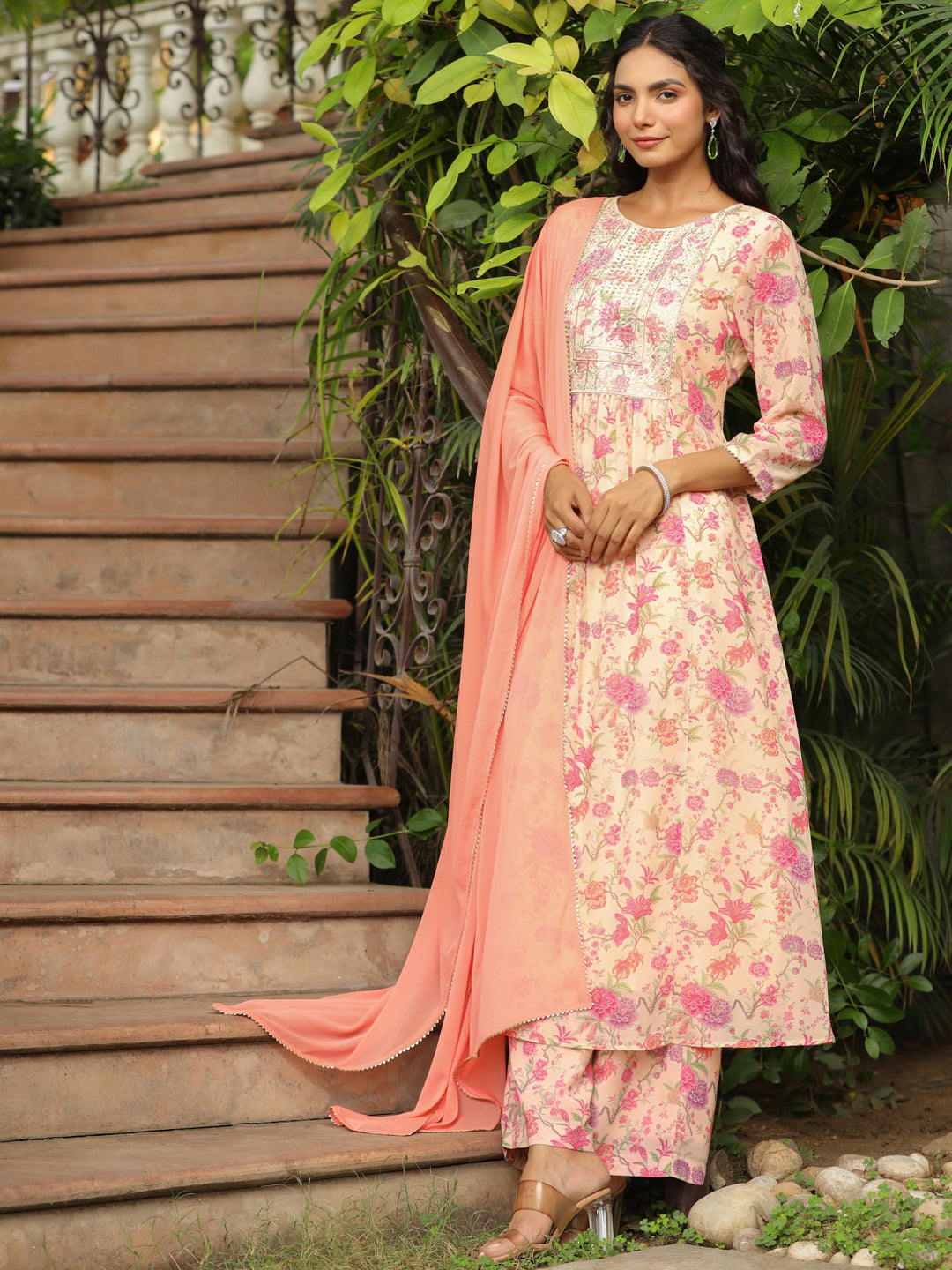 Peach Georgette Yoke Design Floral Printed A-Line Kurta Set