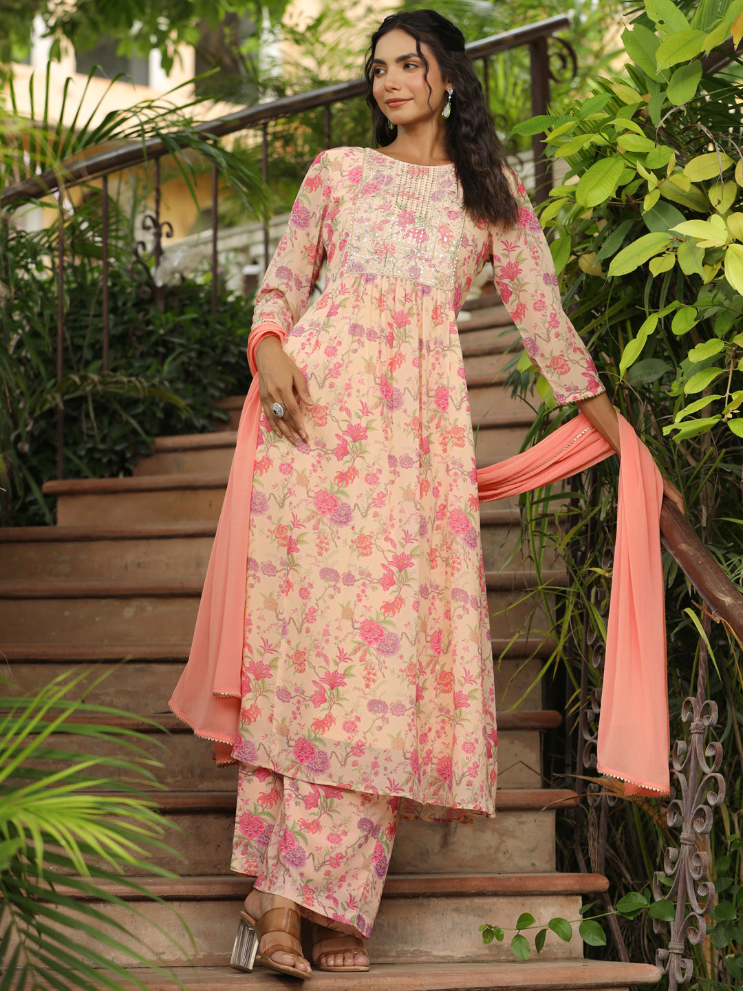 Peach Georgette Yoke Design Floral Printed A-Line Kurta Set