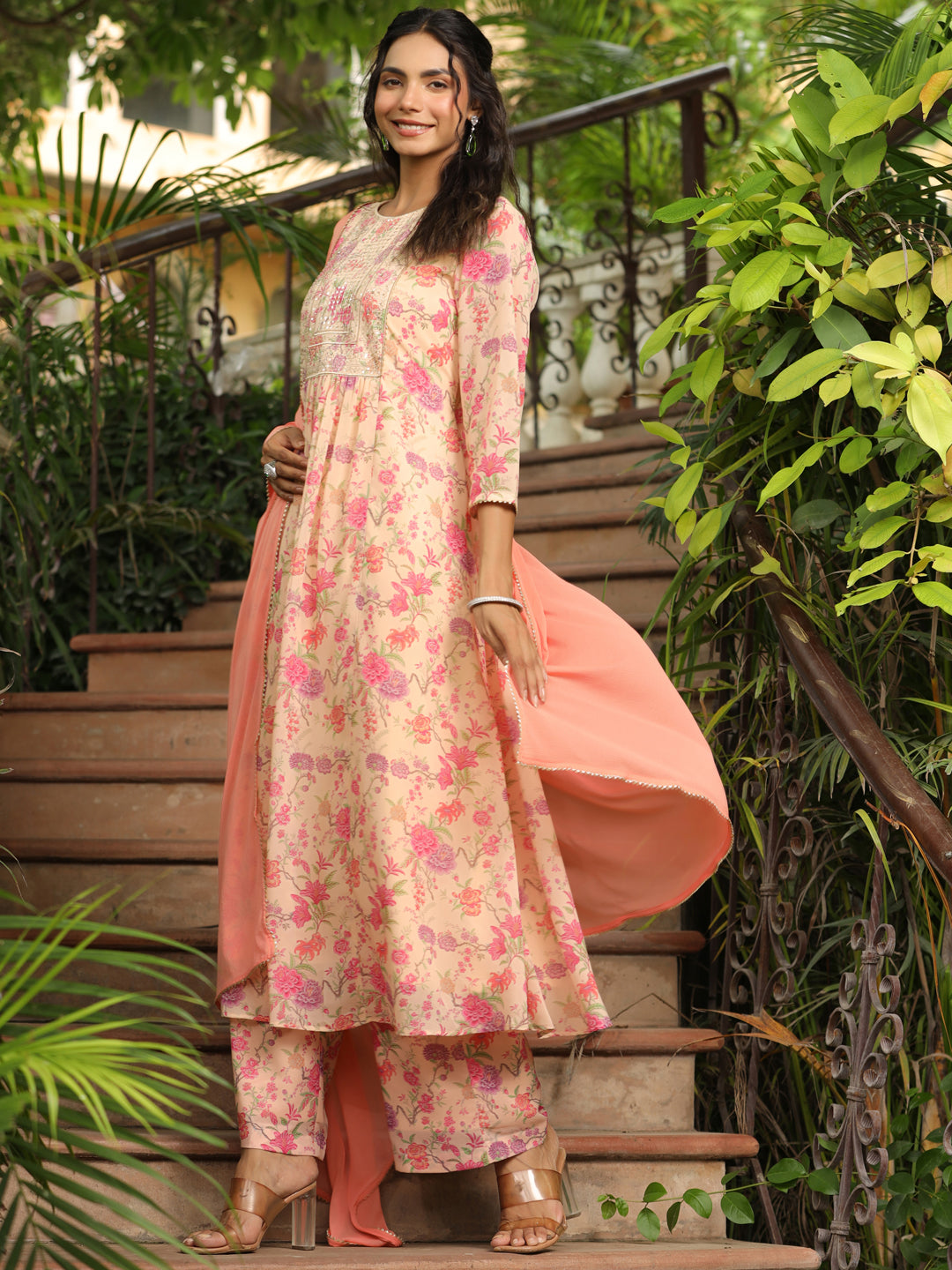 Peach Georgette Yoke Design Floral Printed A-Line Kurta Set