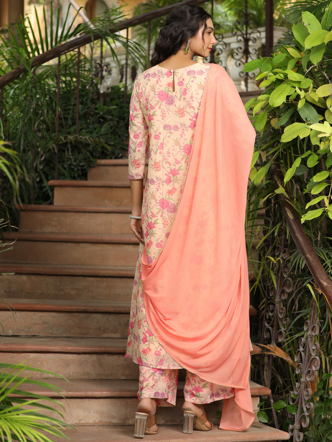 Peach Georgette Yoke Design Floral Printed A-Line Kurta Set