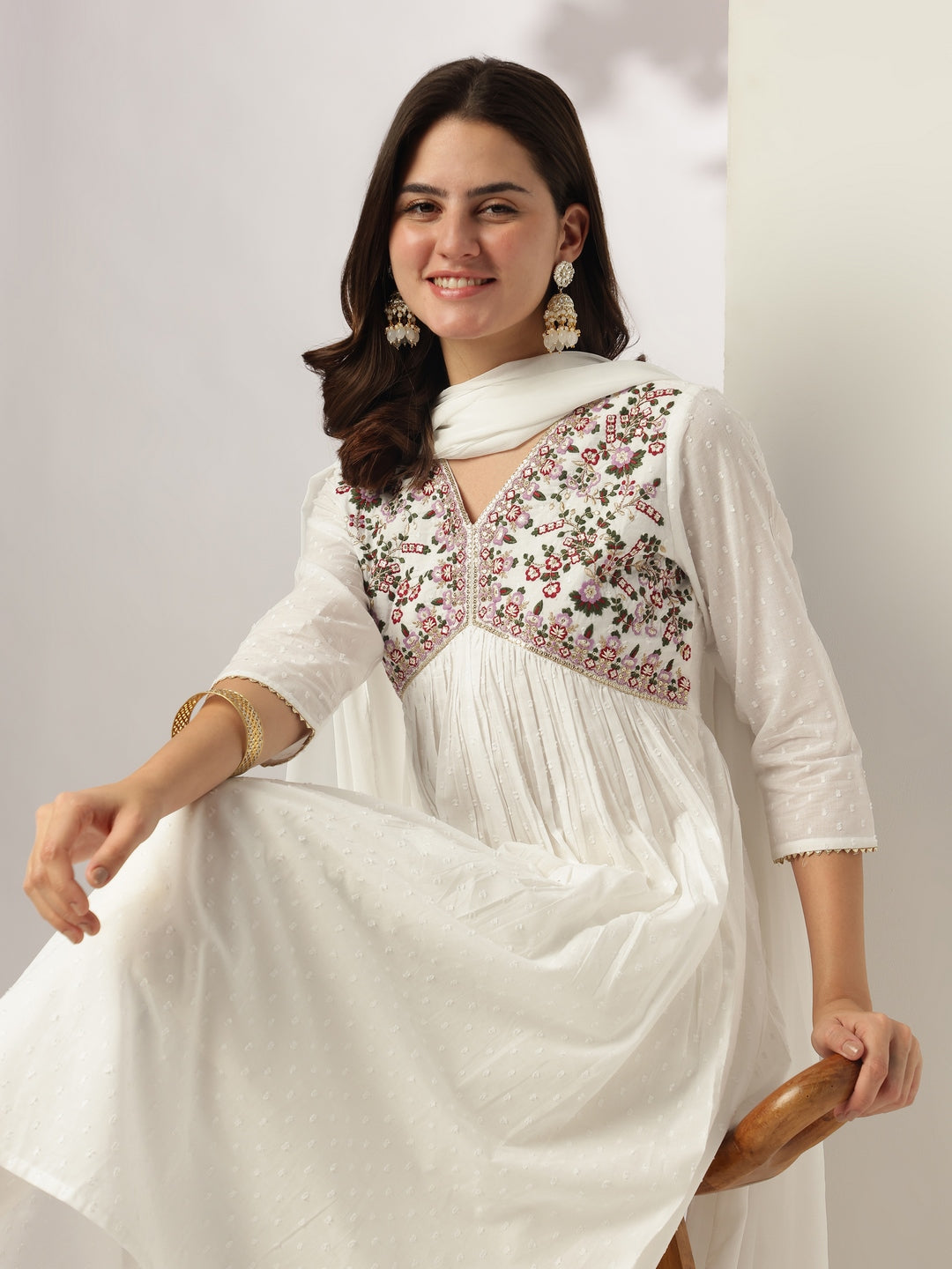 Janasya Women's White Dobby Pure Cotton Embroidered A-line Kurta Set