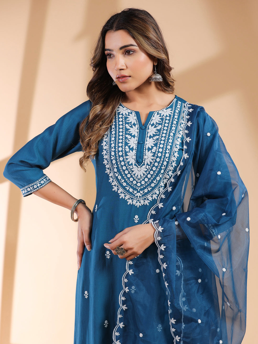 Teal Blue Silk Blend Embroidered Straight Kurta Set