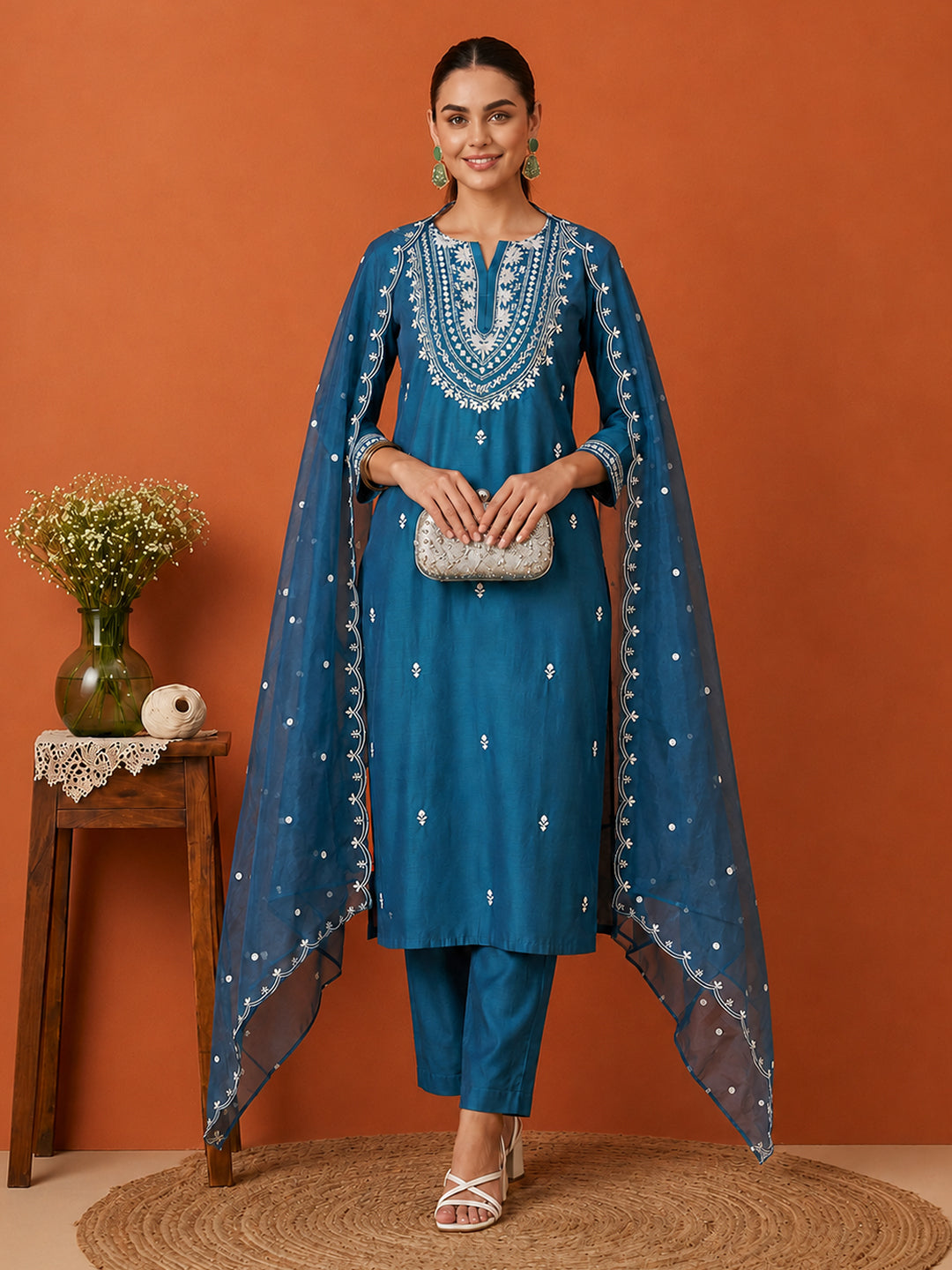 Janasya Women's Teal Blue Silk Blend Embroidered Straight Kurta Set