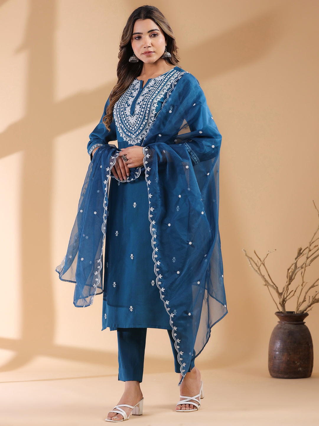 Teal Blue Silk Blend Embroidered Straight Kurta Set