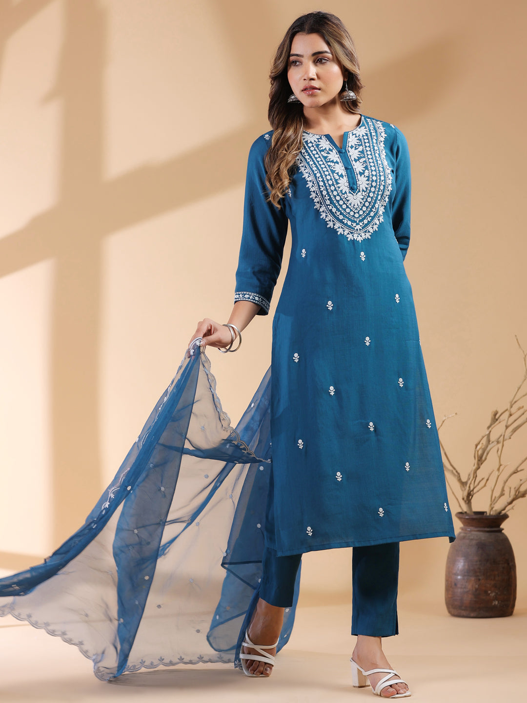 Teal Blue Silk Blend Embroidered Straight Kurta Set