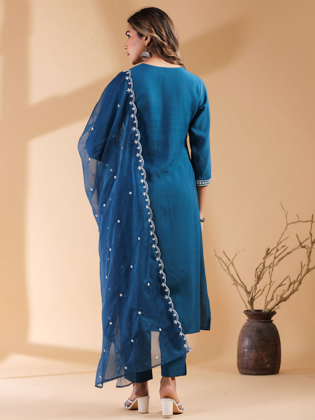 Teal Blue Silk Blend Embroidered Straight Kurta Set