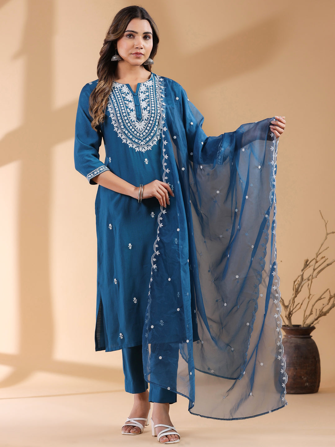 Teal Blue Silk Blend Embroidered Straight Kurta Set