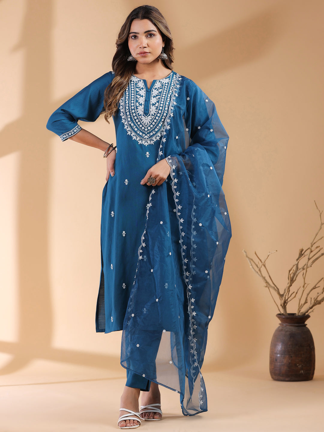 Teal Blue Silk Blend Embroidered Straight Kurta Set