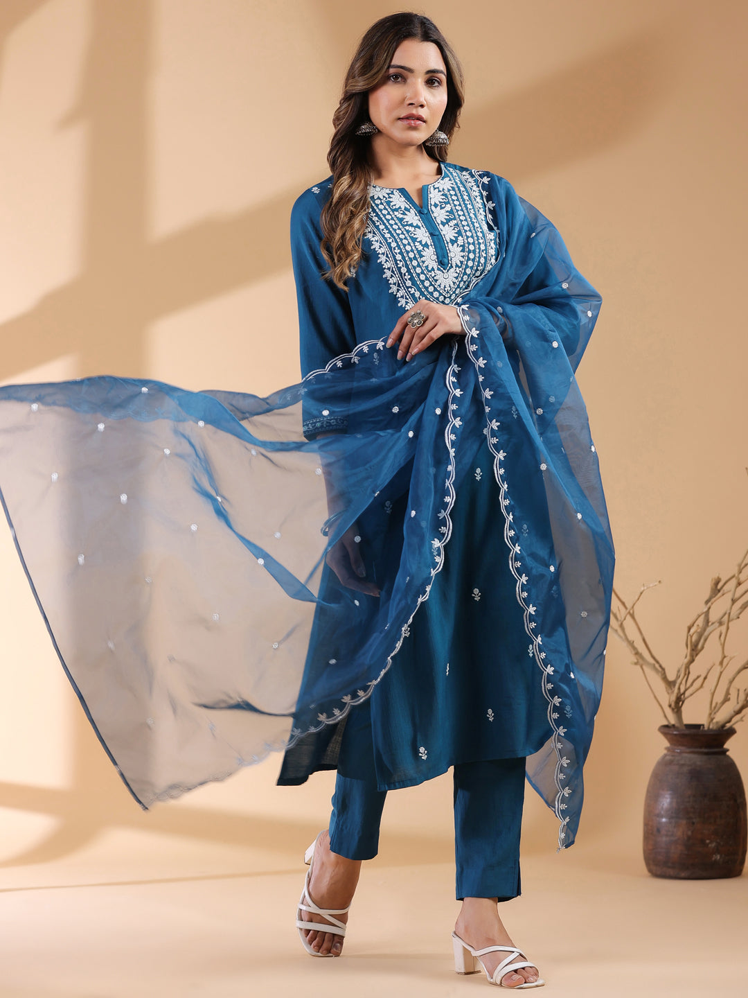 Teal Blue Silk Blend Embroidered Straight Kurta Set