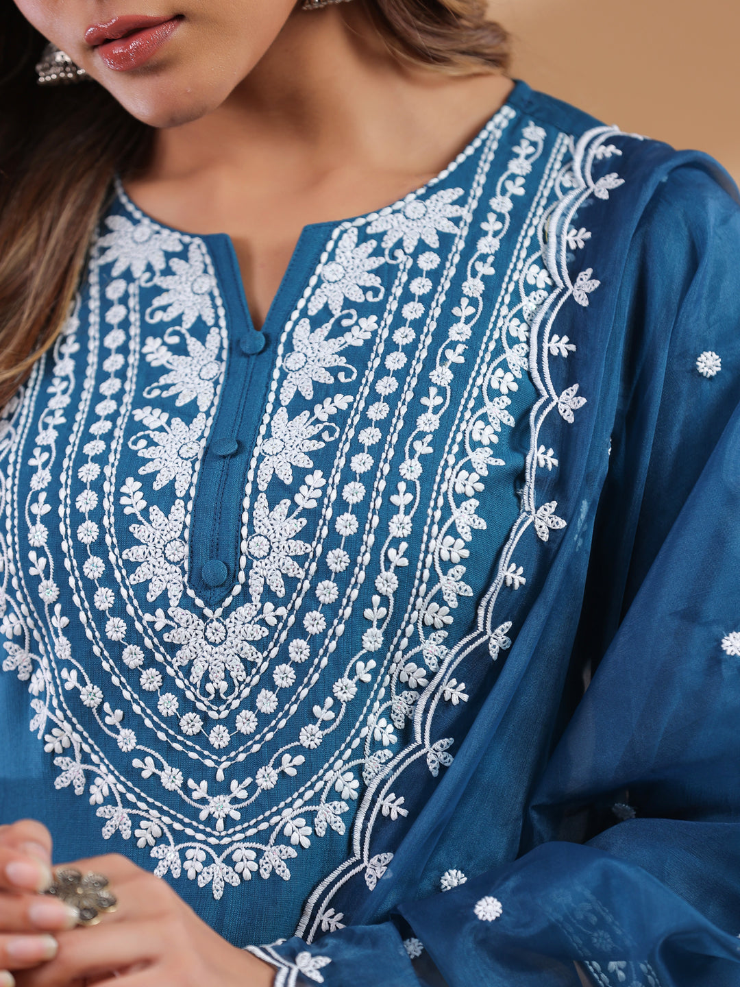 Teal Blue Silk Blend Embroidered Straight Kurta Set