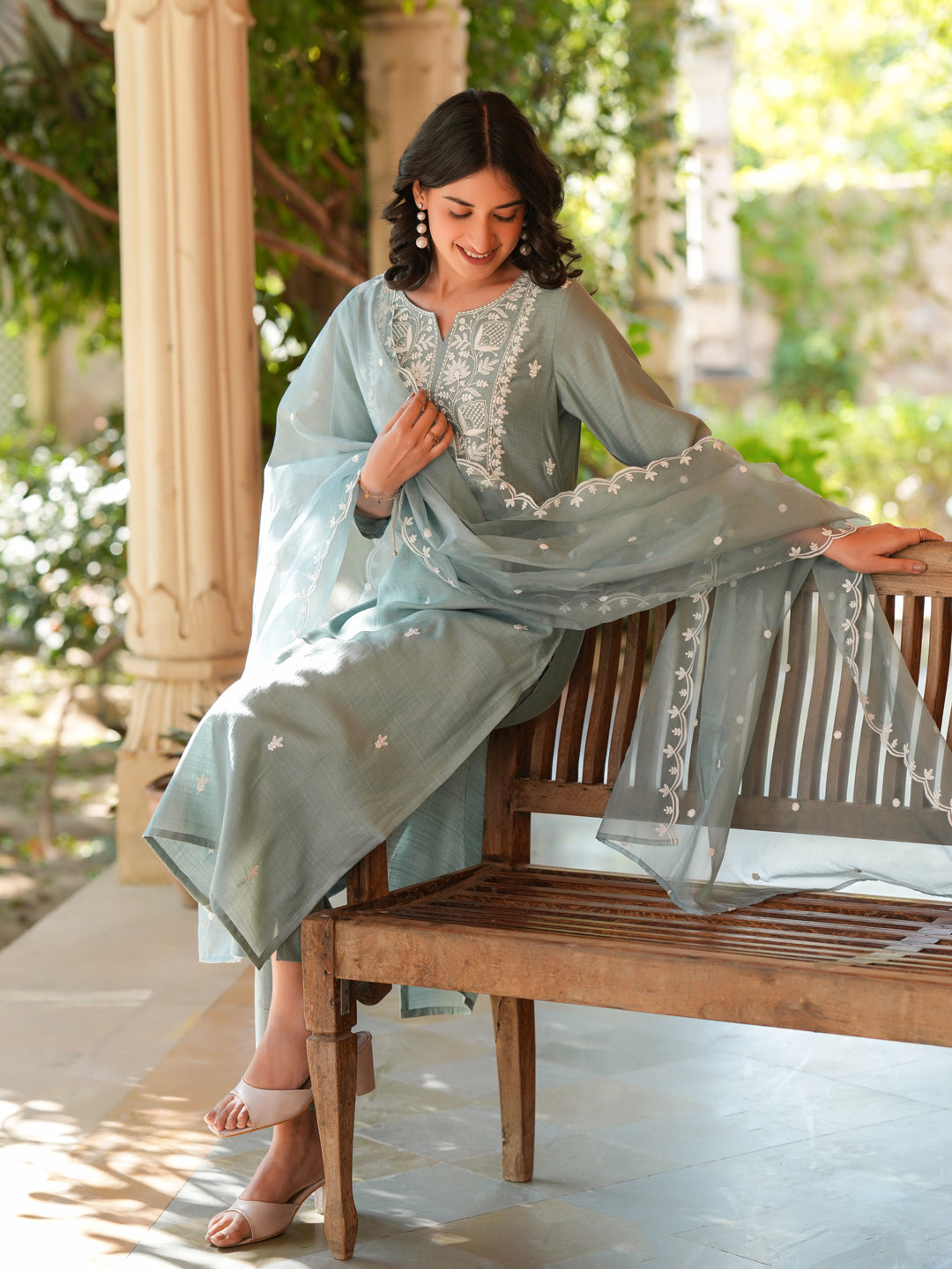 Light Blue Silk Blend Embroidered Straight Kurta Set