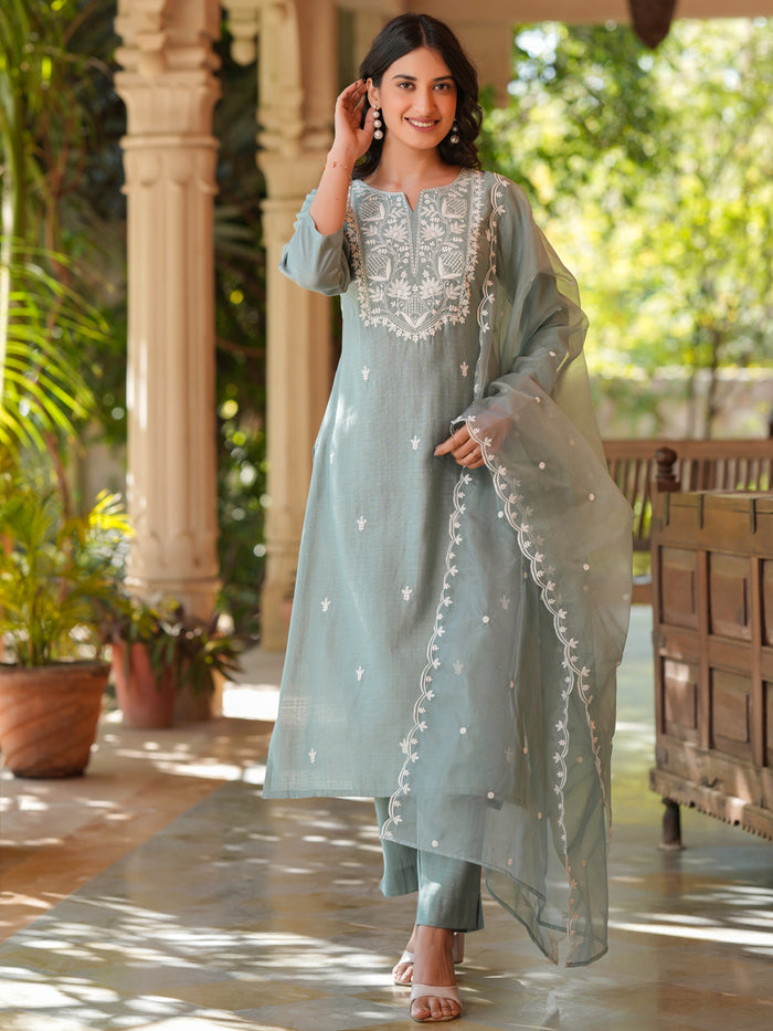 Dark Blue - Plain Slub Silk Pintuck Long Straight Kurta