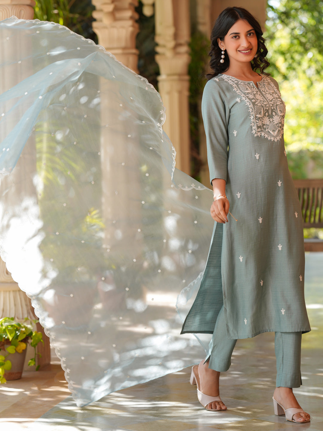 Light Blue Silk Blend Embroidered Straight Kurta Set