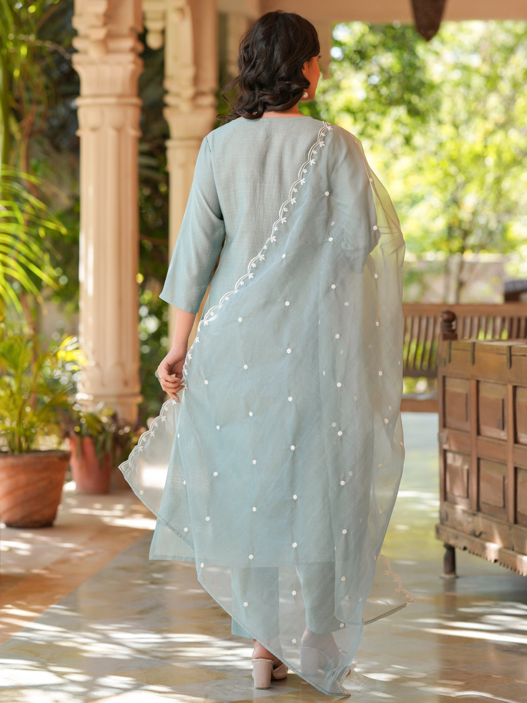 Light Blue Silk Blend Embroidered Straight Kurta Set