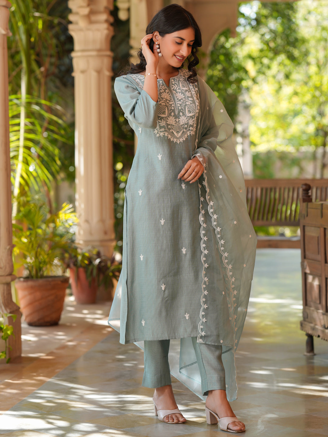 Light Blue Silk Blend Embroidered Straight Kurta Set