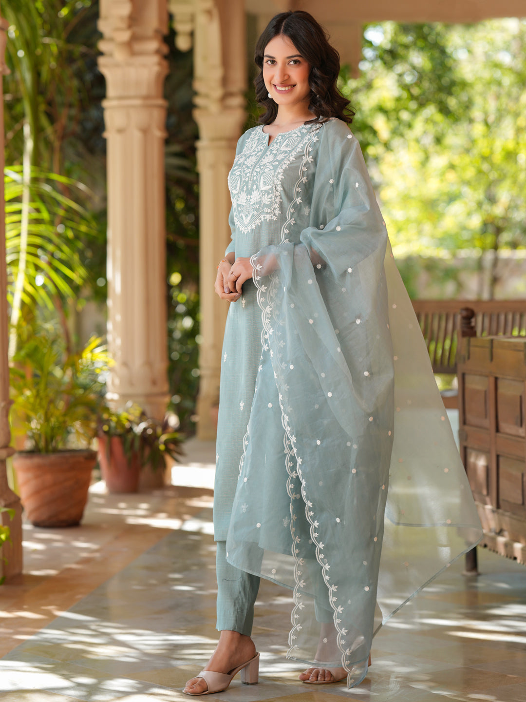 Light Blue Silk Blend Embroidered Straight Kurta Set