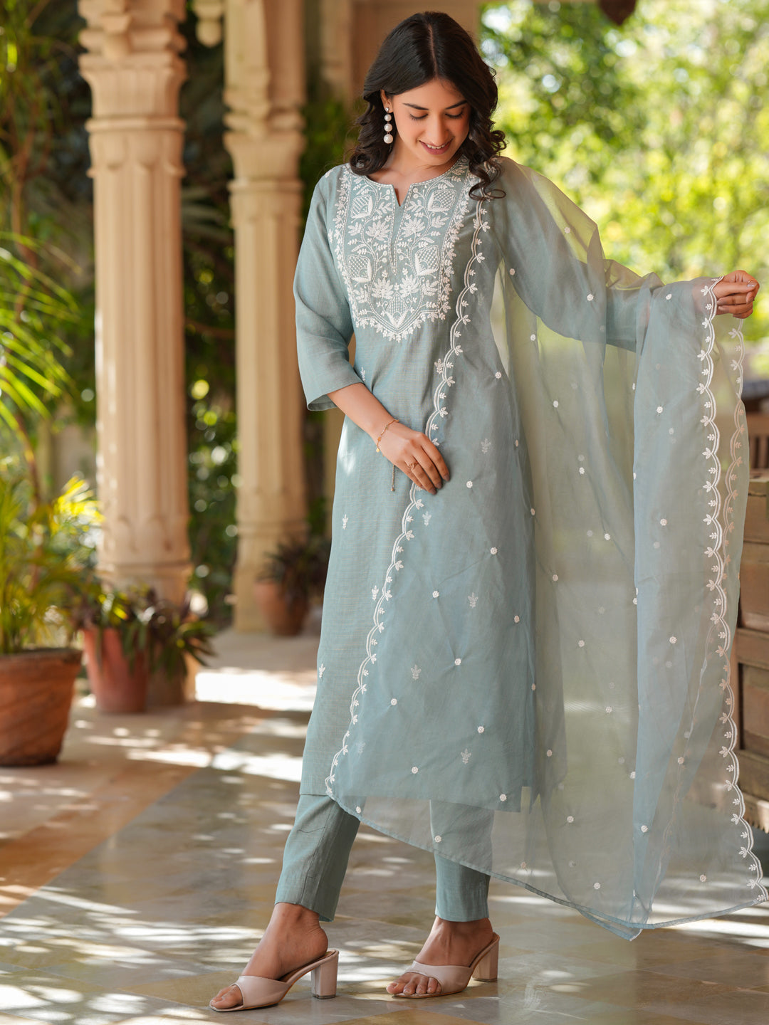 Light Blue Silk Blend Embroidered Straight Kurta Set