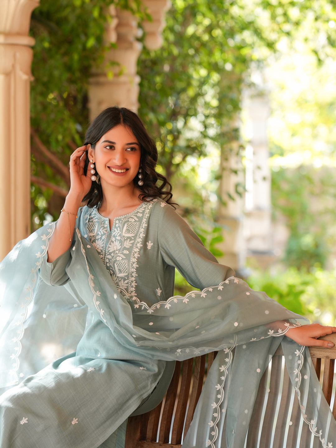 Light Blue Silk Blend Embroidered Straight Kurta Set