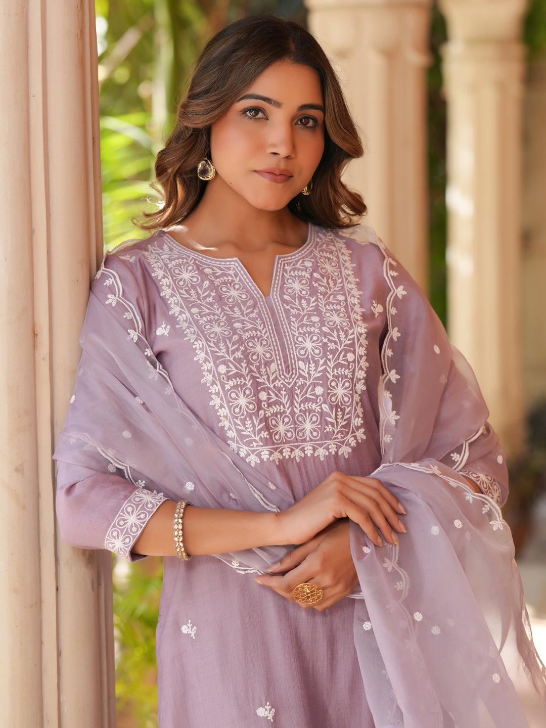 Lavender Silk Blend Embroidered Straight Kurta Set